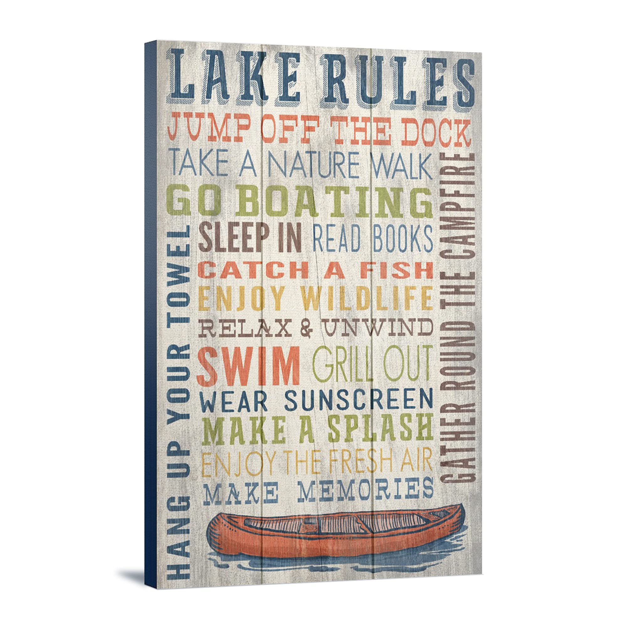 Lake Rules Rustic Typography Wall Art - 16x24 Wrapped Canvas Print for Cabin, Lodge & Home Decor - Perfect for Living Room, Bedroom or Office