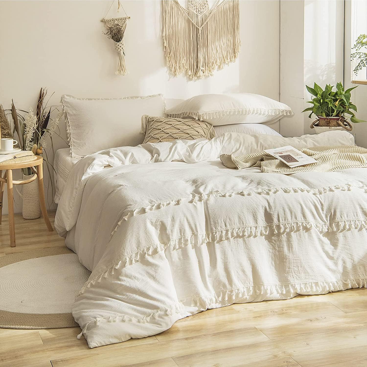 Boho Ivory Tassel Duvet Cover Set - Queen, Full, King, Twin Sizes - 100% Cotton Tufted Comforter Cover with Fringes (Oversized 98x120 Inches) - Perfect for Bohemian, Farmhouse & Modern Bedroom Decor