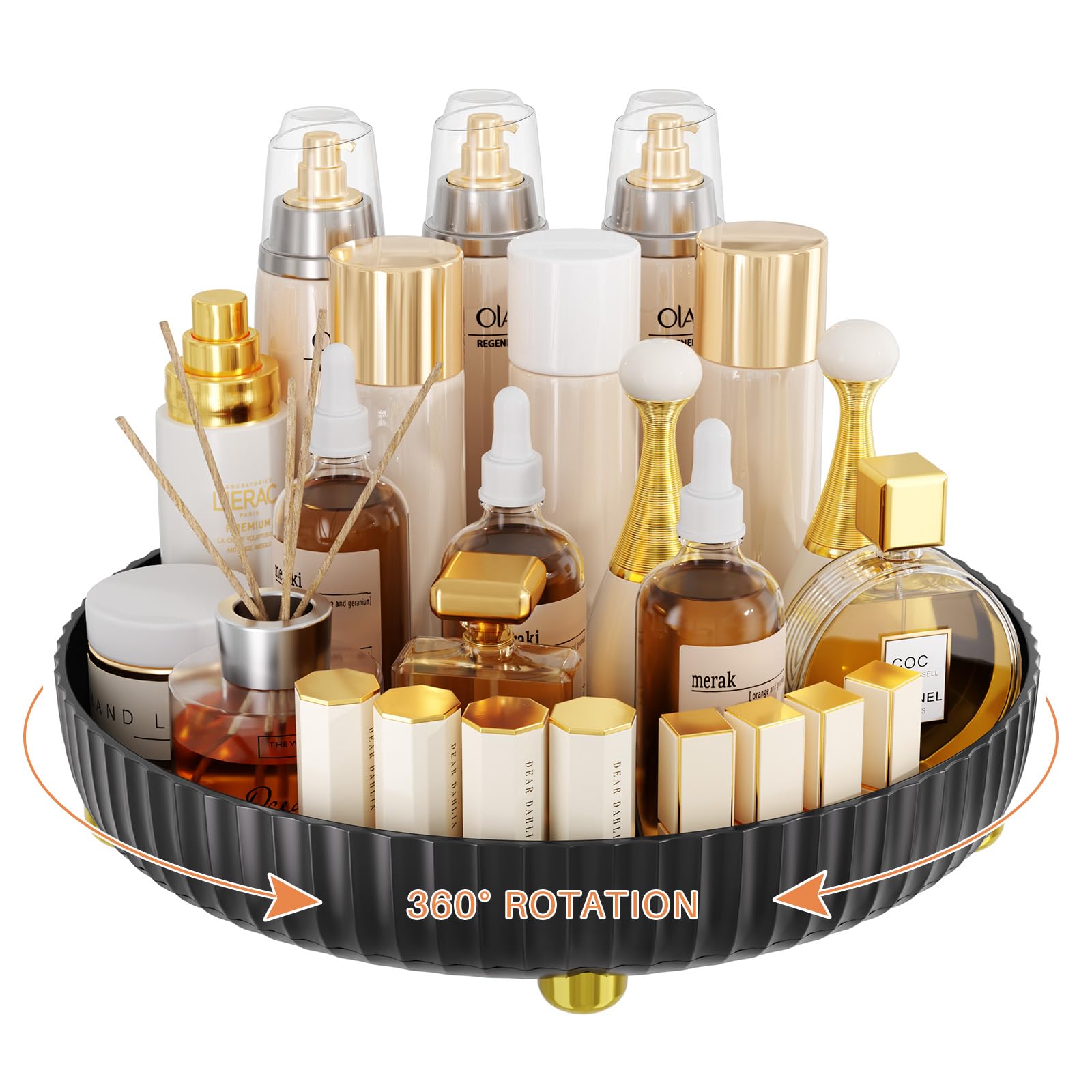 360° Rotating Makeup Organizer Tray - Large Black Lazy Susan for Bathroom & Vanity | Perfect for Storing Perfumes, Skincare Products, Cosmetics & Toiletries | Space-Saving Storage Solution for Countertops, Dressers & Beauty Stations