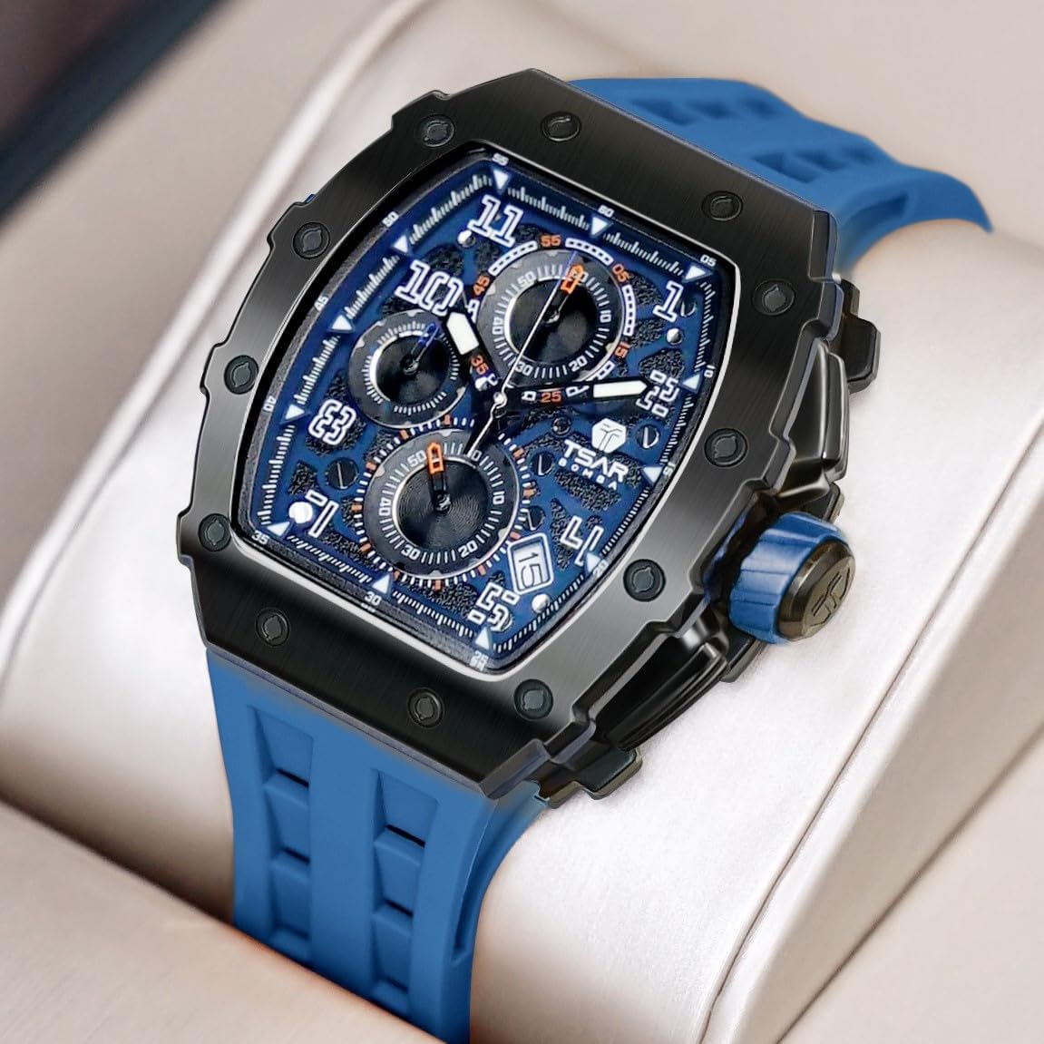 TSAR BOMBA Men's Luxury Chronograph Watch - 50M Waterproof, Luminous, Date Display, Japanese Quartz Movement, Sapphire Crystal, Silicone Strap - Fashion Sport Watch for Men - Perfect for Business, Casual Wear & Outdoor Activities