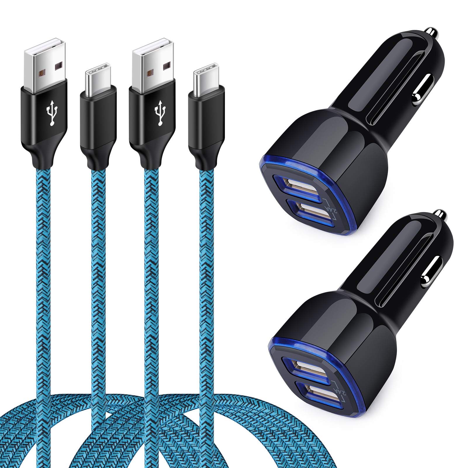 Fast Charging Dual USB Car Charger with Type C Cable - Compatible with Moto G Series & Samsung Galaxy S20/S10/A Series - Perfect for Road Trips & Daily Commute
