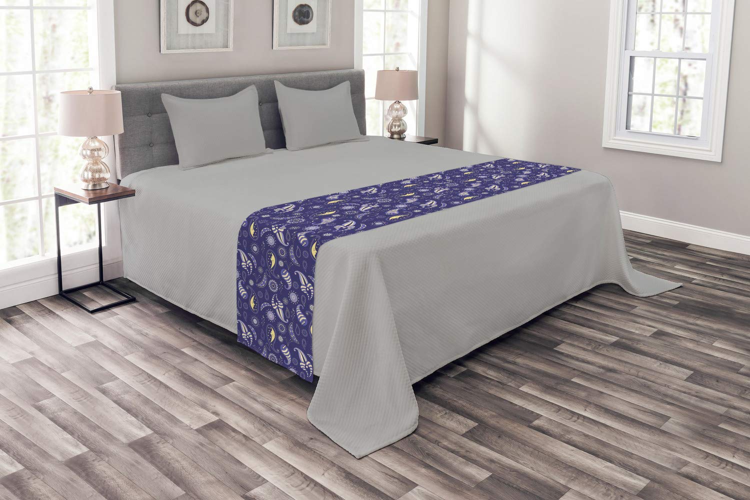 Ambesonne Moon Bed Runner - Abstract Floral with Stars and Sleeping Moons Nocturnal Oriental Design - Decorative Accent Bedding Scarf for Queen King Beds - Perfect for Hotels, Homes & Guestrooms - Violet Blue Pale Yellow - Elegant Bedroom Decor & Cozy Home Styling