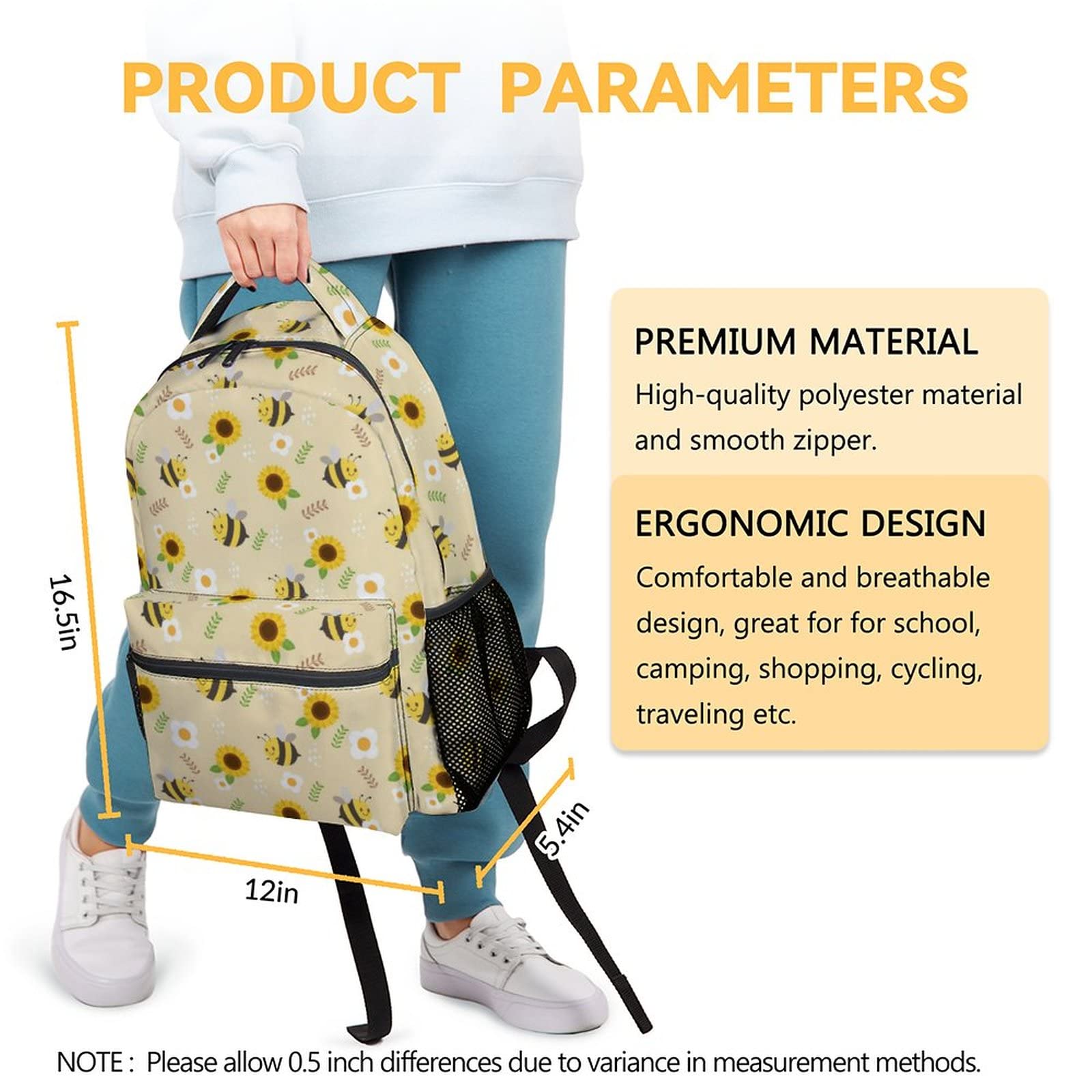 **Cute 16 Inch Bee Backpack for Kids - Large Capacity Lightweight School Bag, Durable Travel Laptop Backpack for Boys & Girls - Perfect for School, Travel & Daily Use**
