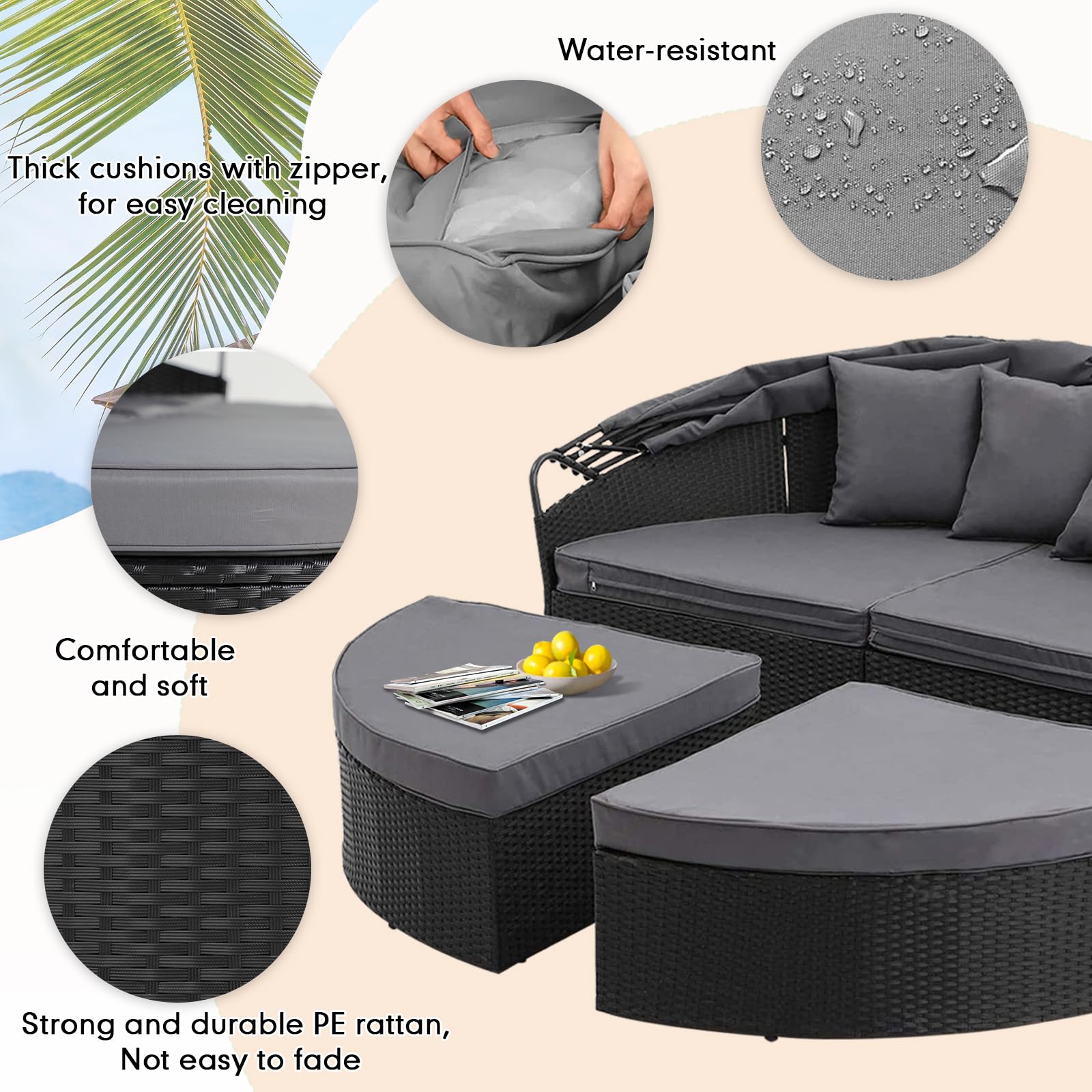 Outdoor Patio Furniture Set - 4-Piece Round Canopy Daybed with Cushioned Seats, Black Wicker Sofa for Poolside, Garden & Backyard Relaxation | Grey Weather-Resistant Design