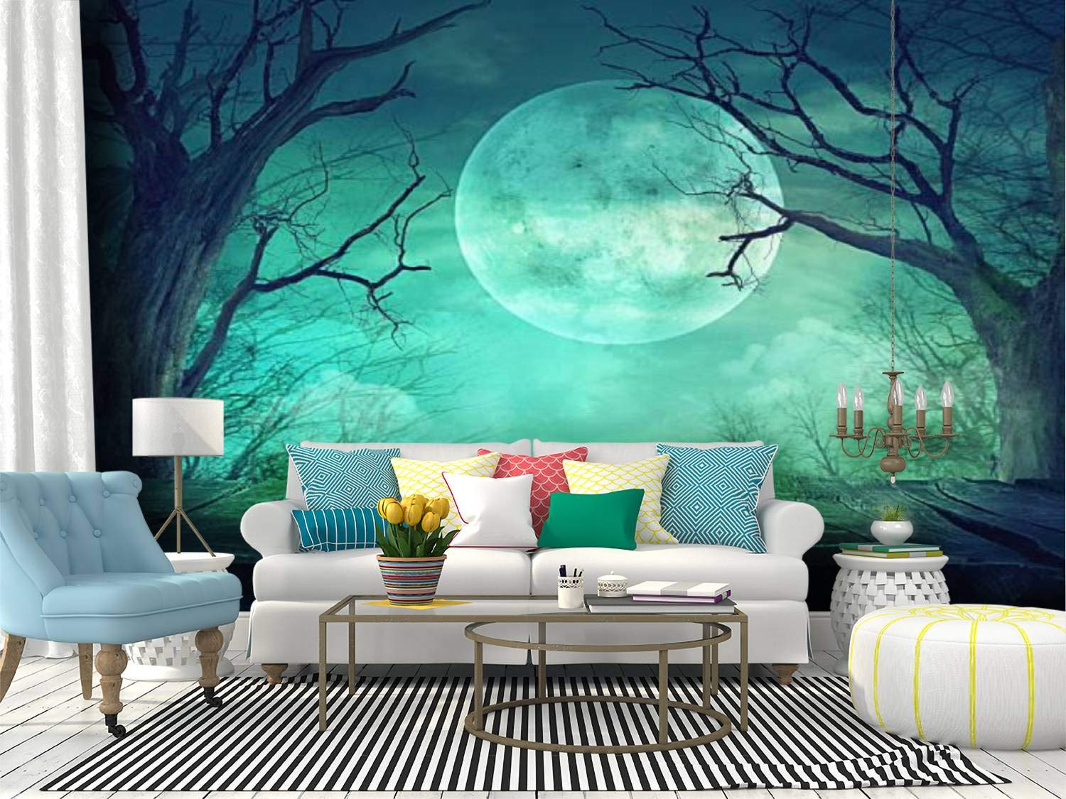 Spooky Forest Wall Mural with Full Moon & Wooden Table - Peel & Stick Self-Adhesive Wallpaper - Large Removable Vinyl Wall Sticker for Halloween Decor, Living Room, Bedroom, or Office