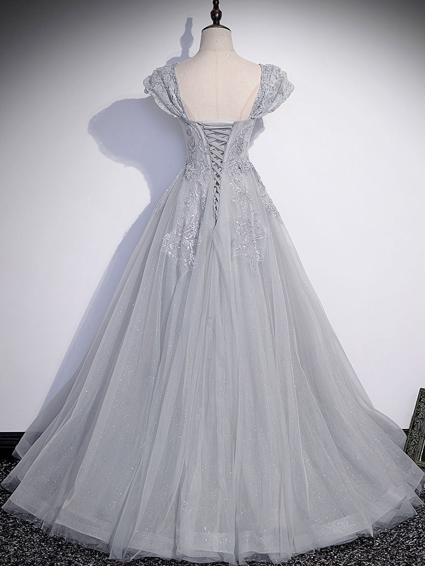 Elegant A-Line Gray Tulle Sequin Party Dress for Women - Perfect for Prom, Evening Gala & Special Occasions