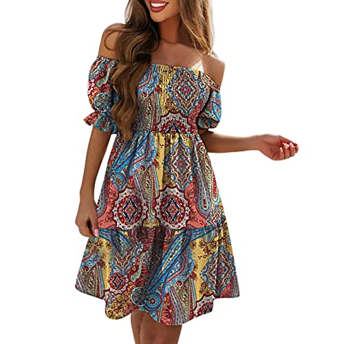 Women's Summer Maxi Dress - Flowy Off Shoulder Short Sleeve Sun Dress with Ruffle & Smocked Elastic Waist, Knee Length Casual Dress (Yellow, XL) - Perfect for Beach Vacations, Pool Parties & Summer Outings