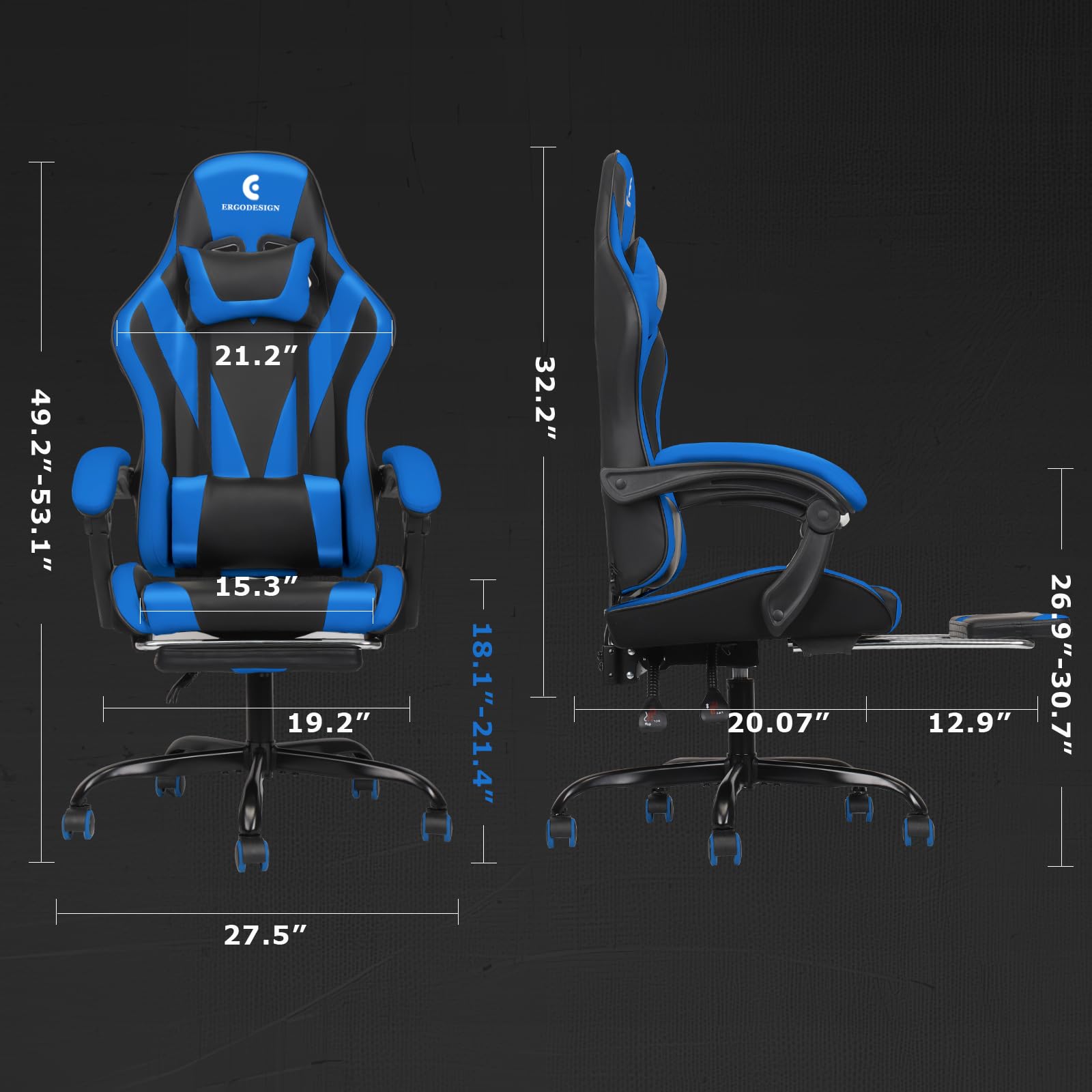Premium Gaming Chair with Adjustable Linkage Armrest & Footrest - Ergonomic High Back Video Game Chair for PC & Console Gamers - Black & Blue - Perfect for Esports, Streaming & Long Gaming Sessions