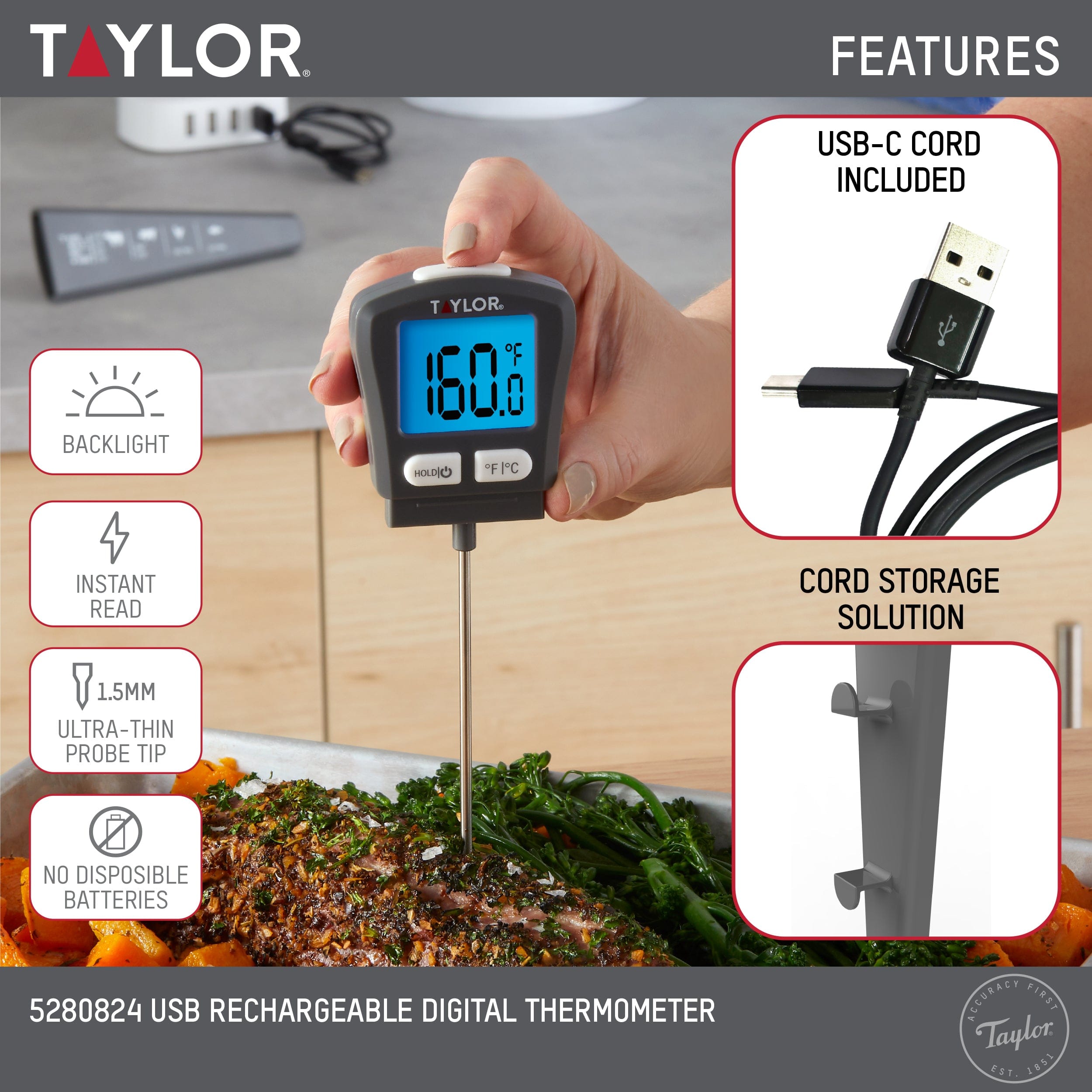 Digital USB Rechargeable Thermometer for Cooking, Grilling, Baking & Home Use - Fast & Accurate Temperature Measurement