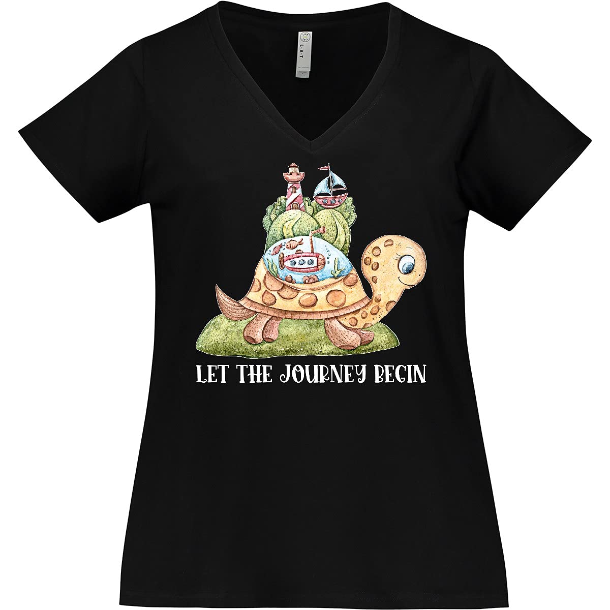 Inktastic Let The Journey Begin Cute Watercolor Turtle Women's Plus Size V-Neck T-Shirt - Comfortable Casual Wear for Travel, Beach & Everyday Outfits