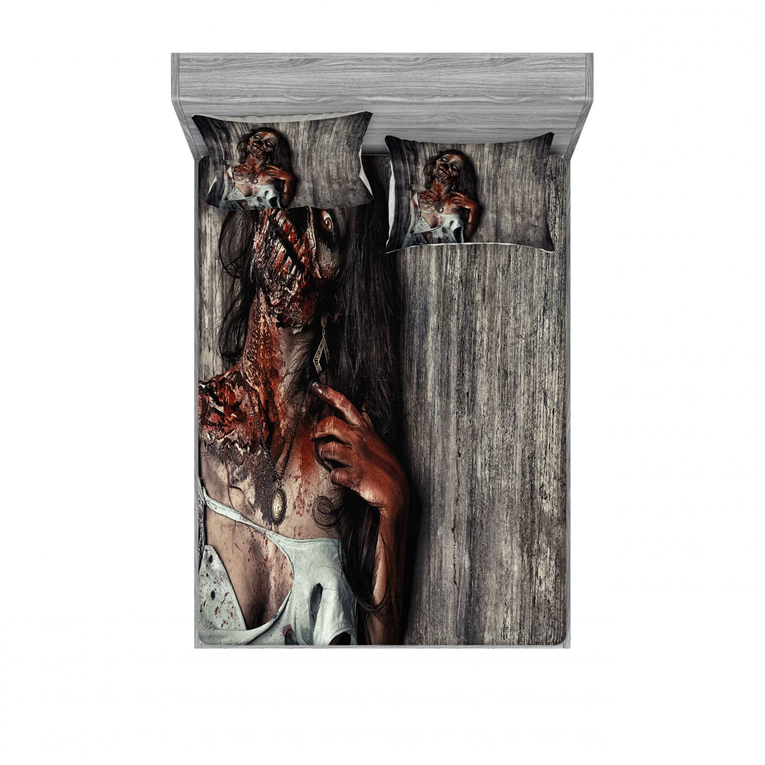 Ambesonne Zombie 2-Pack Queen Size Fitted Sheet & Pillow Sham Set - Angry Dead Woman Horror Theme (4-Piece Bedding Set, Dark Taupe Peach Red) for Halloween Decor, Haunted House Parties & Gothic Bedroom Design