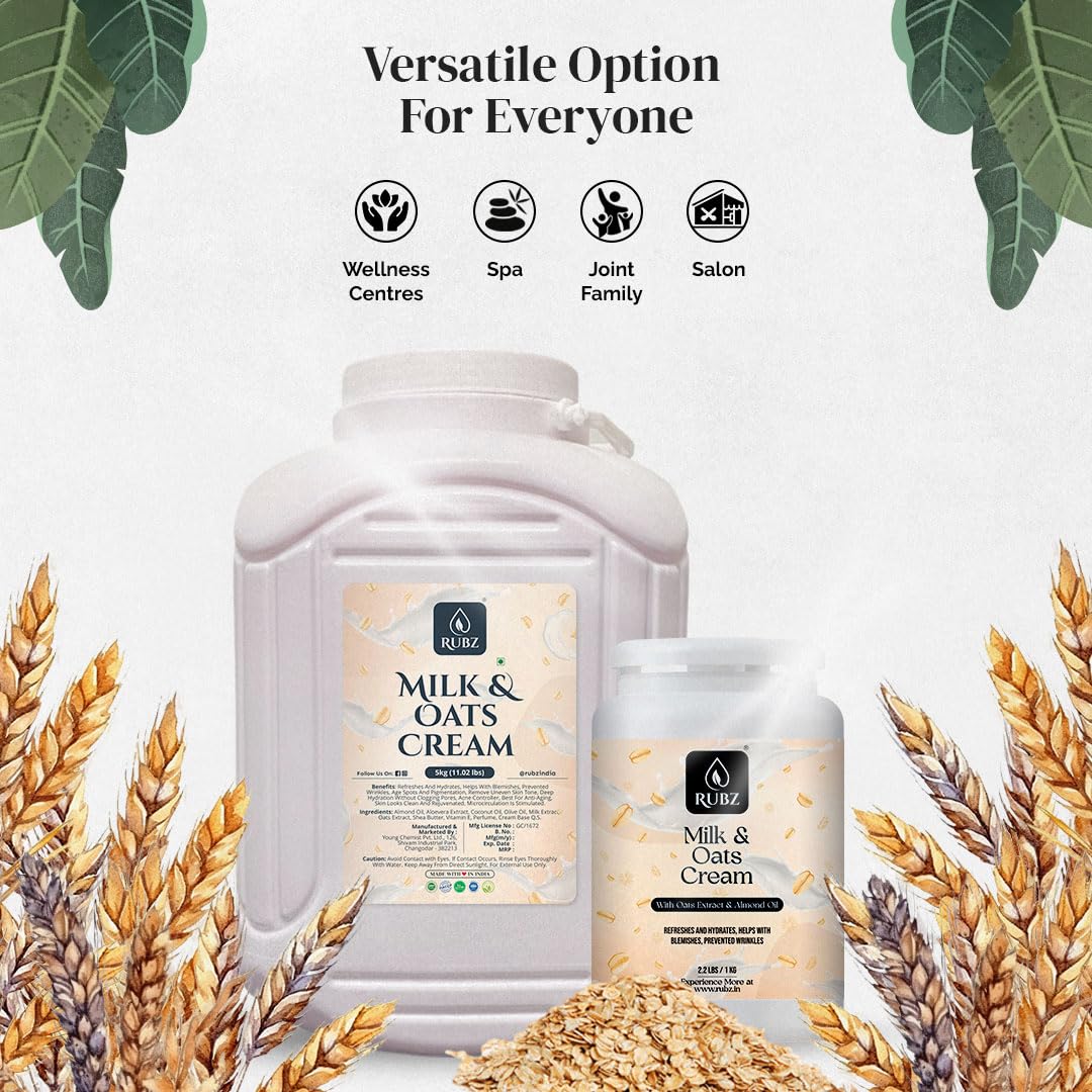 Rubz Milk & Oats Cream with Vitamin E & Argan Oil - Deep Moisturizing Body Lotion for Men, 1kg | Instant Glow & Skin Nourishment | Best for Dry Skin Care & Daily Hydration | Perfect for Post-Shave & Nighttime Skincare Routine
