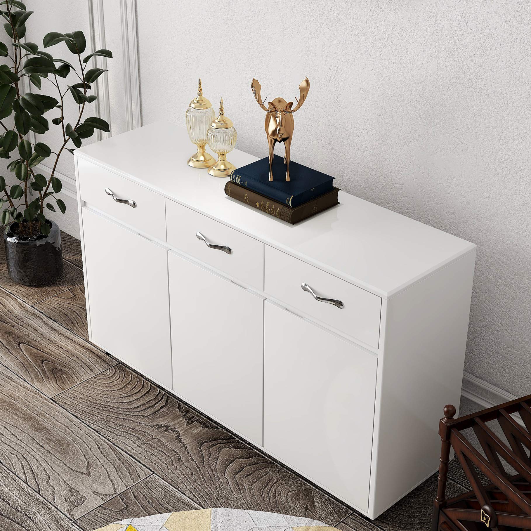 Modern White Wood Buffet Sideboard with 3 Drawers & 3 Doors - Kitchen Storage Cabinet, Entryway Console Table for Dining Room & Living Room - Perfect for Home Organization & Entertaining Guests