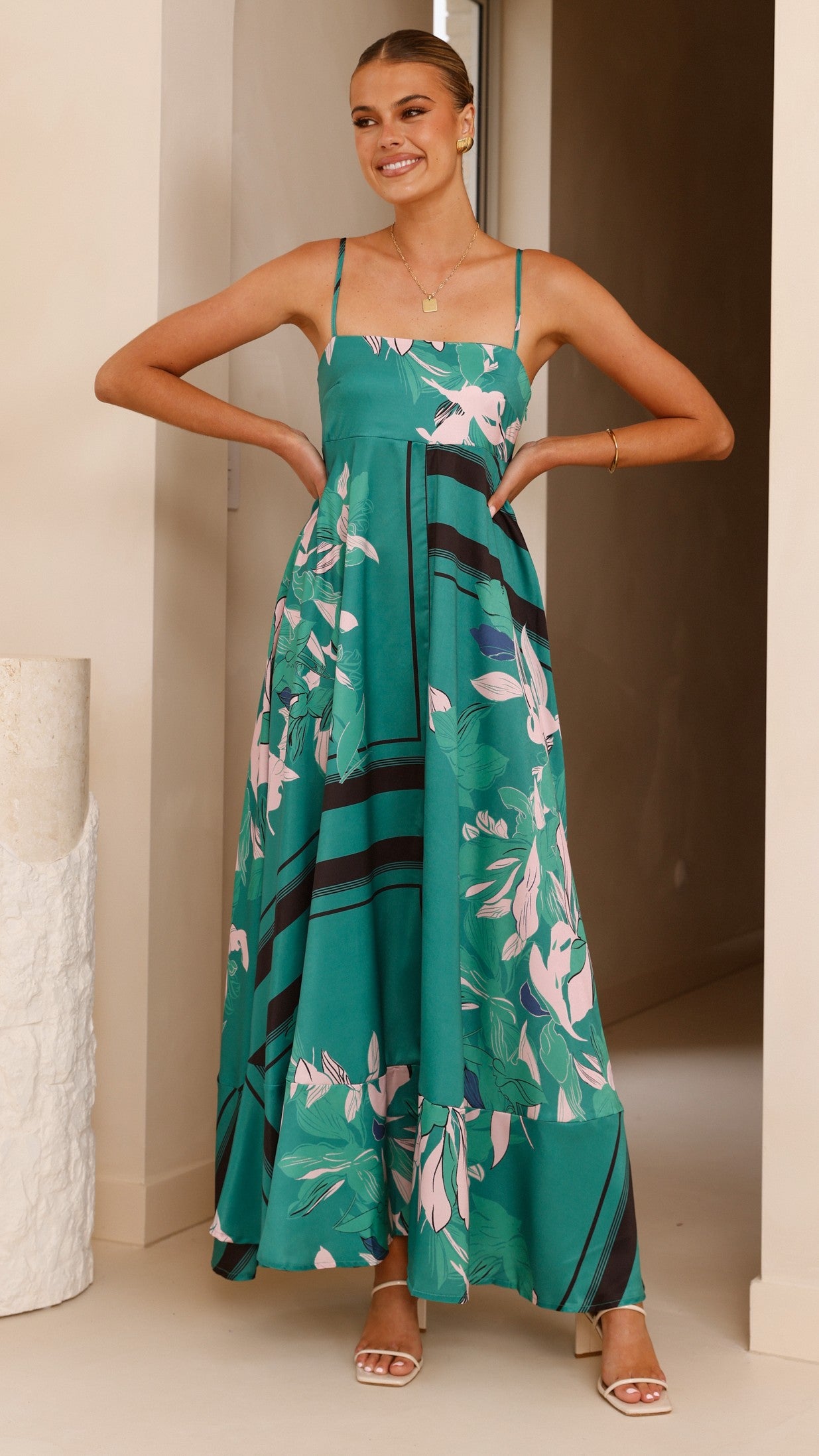 Kaethe Maxi Dress for Women - Flowy Green & Pink Summer Dress - Perfect for Beach Vacation, Date Night & Casual Outings