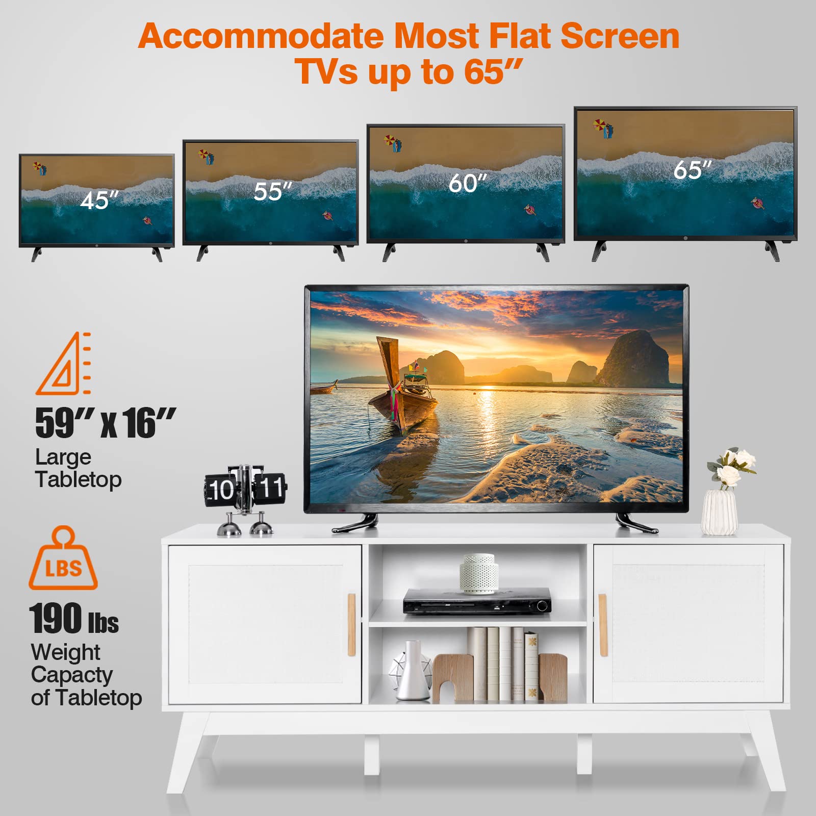 Tangkula 65 Inch Rattan TV Stand with Adjustable Shelf, 2-Door Cabinets & 6 Support Legs - Modern Wooden Media Console with Cable Holes for Living Room, Bedroom or Home Theater (White)