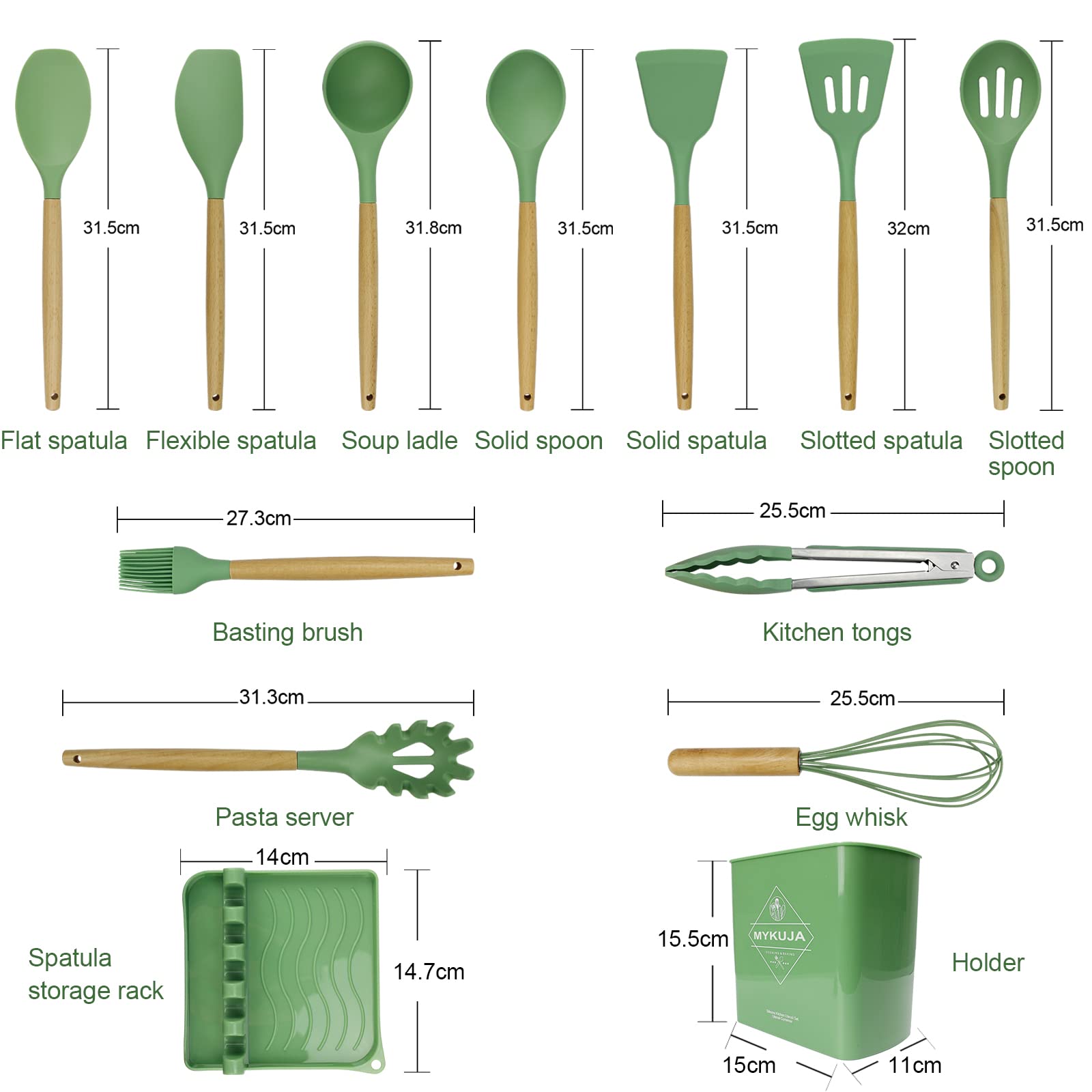 MYKUJA 13-Piece Green Silicone Cooking Utensil Set - Heat Resistant, Non-Stick Kitchen Tools with Holder - Perfect for Baking, Frying & Cooking - Avocado Green Kitchen Decor & Gadgets