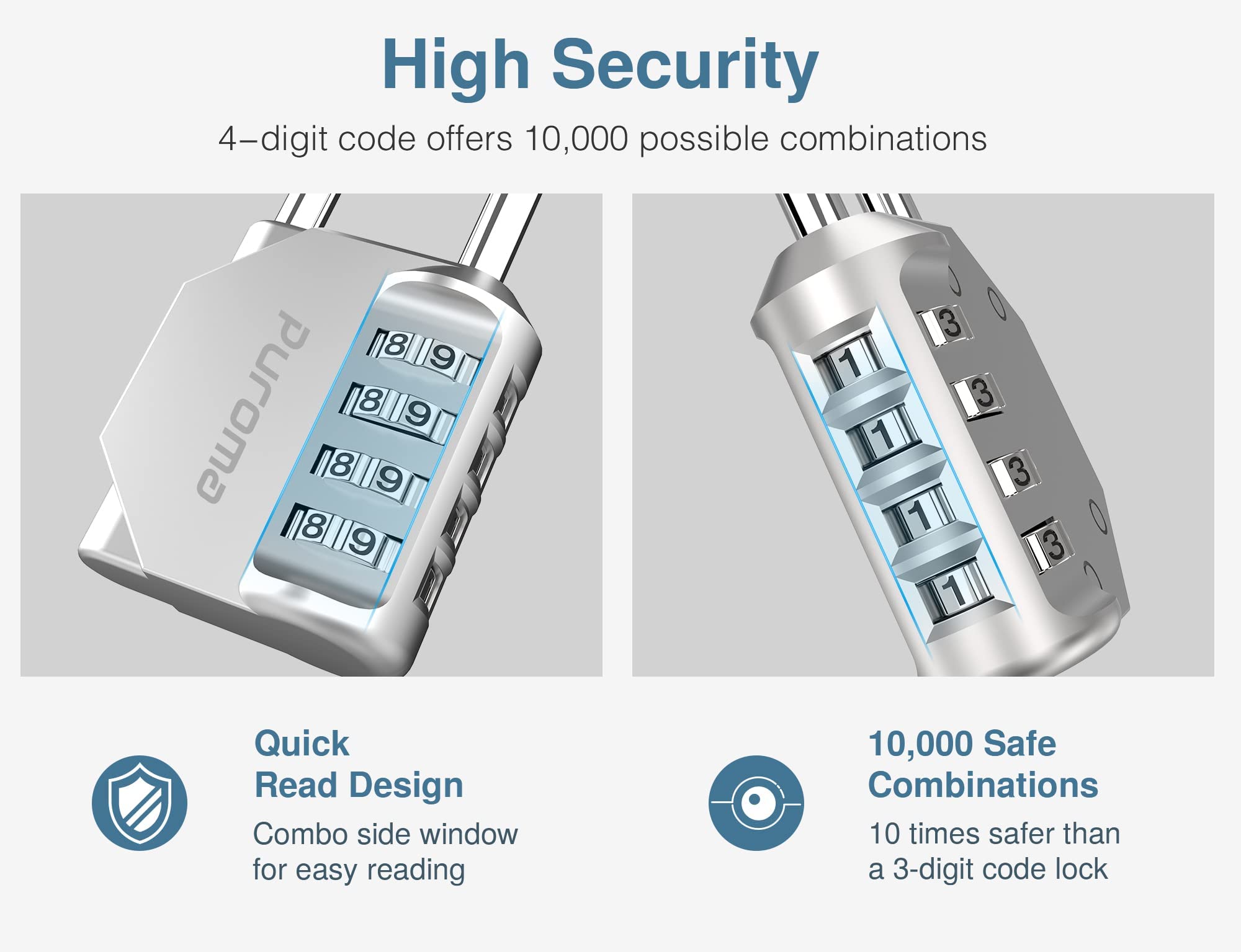 Puroma 2 Pack 2.6 Inch Heavy Duty Combination Padlock - 4 Digit Outdoor Waterproof Lock for Gym Lockers, School Lockers, Toolboxes, Gates & Fences - Secure Storage for Sports Equipment, Backpacks & Cases (Silver)
