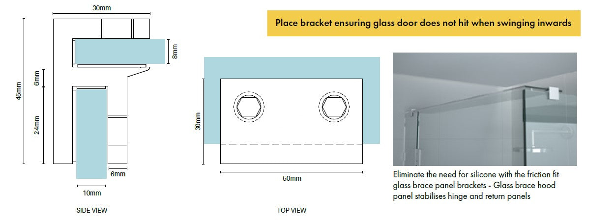 Purity Shower Screens Glass Brace Bracket - Large Square Edge Chrome Finish for Bathroom & Shower Enclosure Installation