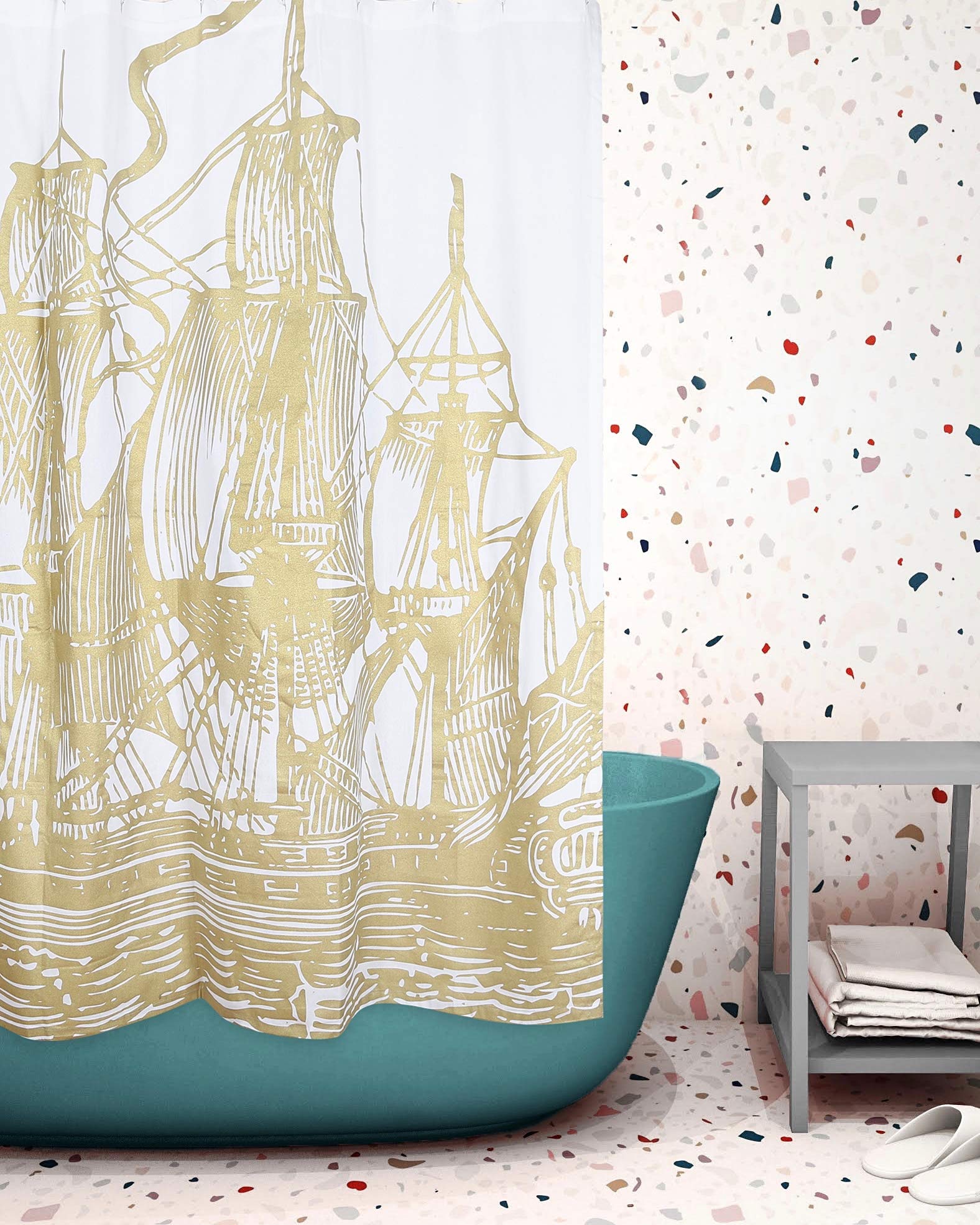 Gold Ship Shower Curtain - Nautical Bathroom Decor, Waterproof & Mold Resistant - Perfect for Beach Theme Bathrooms & Coastal Home Decor