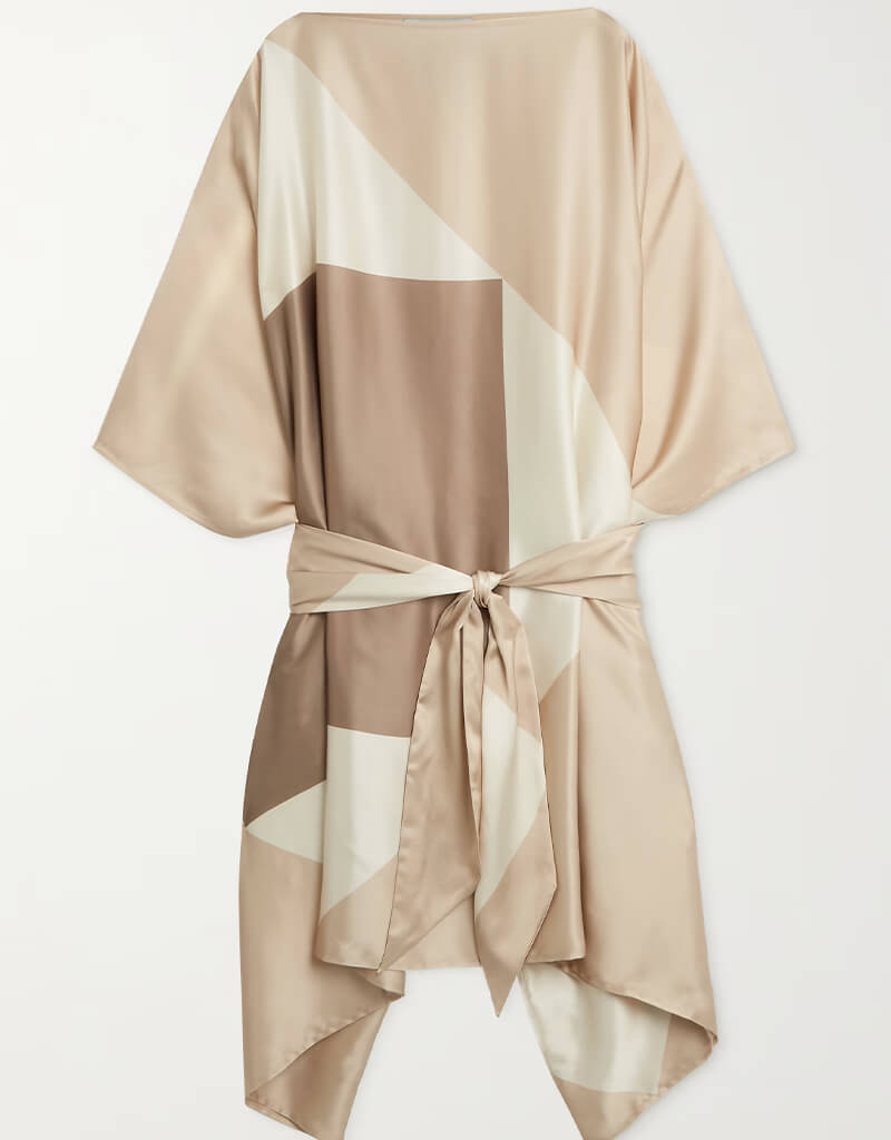 Luxury Beige & White Soft Satin Silk Kaftan Dress for Women - Elegant Loungewear & Beach Cover Up - Perfect for Vacation, Bridal Party, and Spa Days