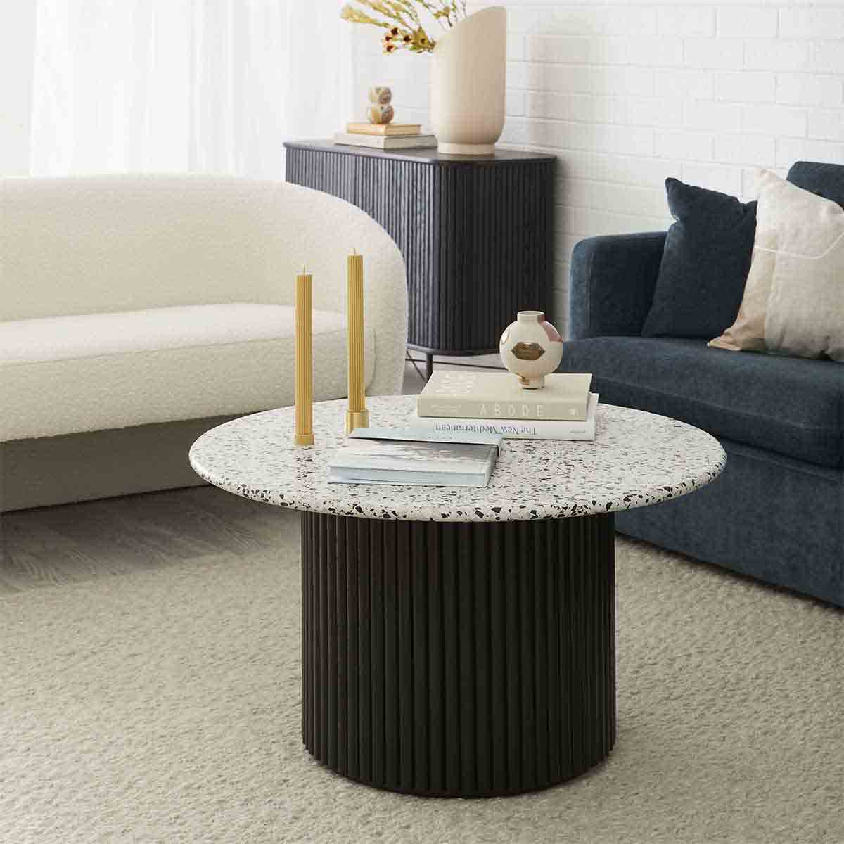Modern Black Terrazzo Coffee Table - 85cm Round Living Room Center Table for Home Decor, Office & Lounge Spaces