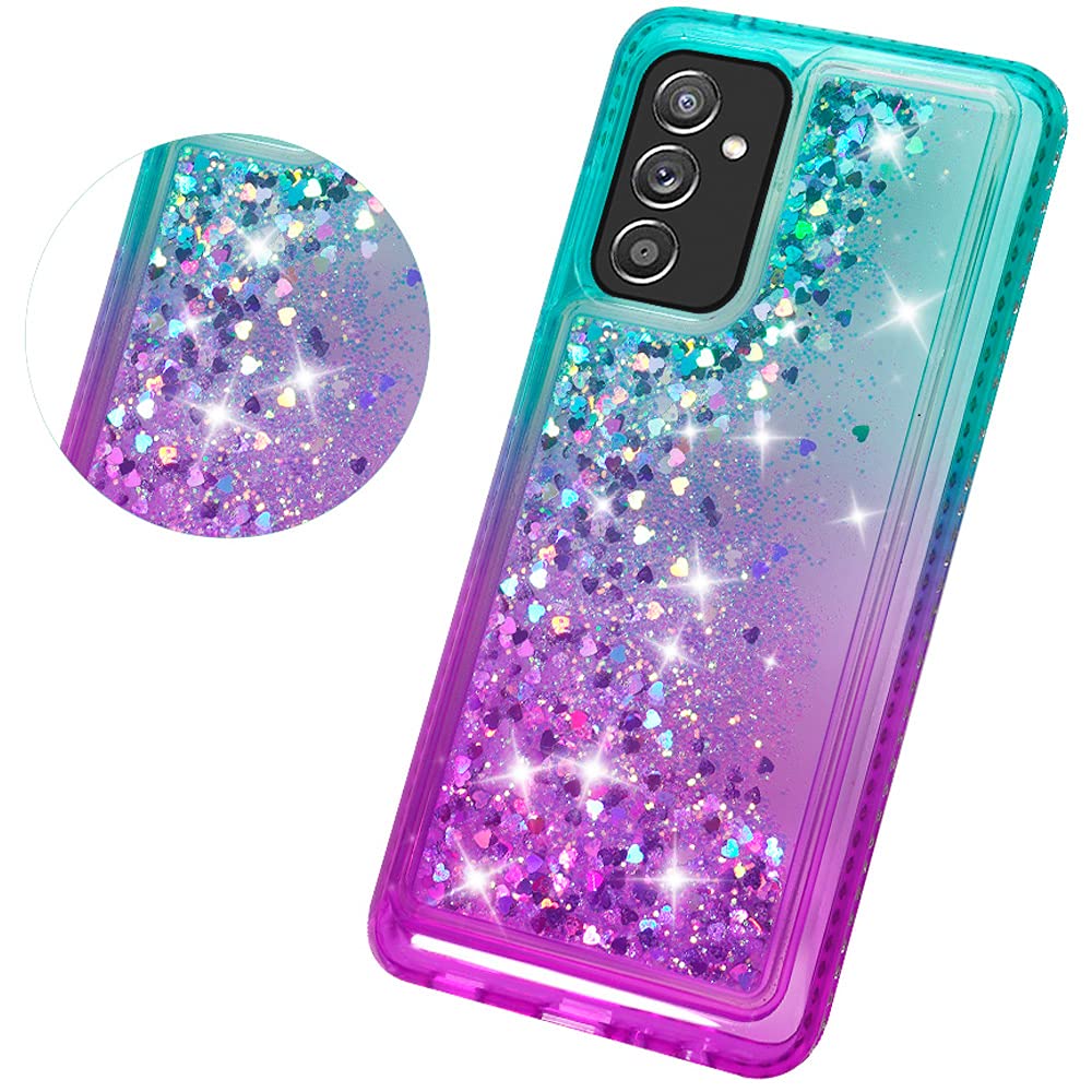 SOGA Samsung Galaxy A82 5G / Quantum 2 Phone Case with Tempered Glass Screen Protector - Diamond Liquid Quicksand Cover for Women (Teal/Purple) | Cute Protective Case for Everyday Use & Travel