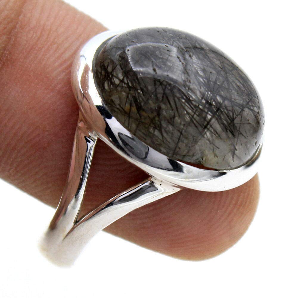 Black Rutile 925 Sterling Silver Rings for Women - Oval Gemstone Bridesmaid Rings, Bezel Set Handmade Statement Jewelry - Perfect for Weddings, Parties & Special Occasions