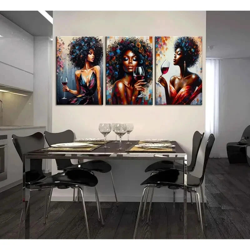 3-Piece Colorful Graffiti Afro Wine Girl Metal Wall Art Prints - Ready to Hang Home Decor for Living Room, Bedroom & Bar