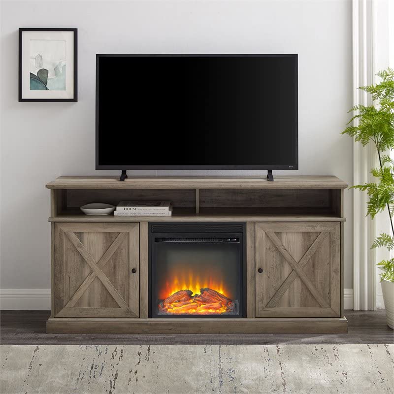 Farmhouse TV Stand with Wood Fireplace Design - Holds TVs up to 60 Inches, Gray Wash Finish - Perfect for Living Room, Bedroom & Home Theater Setup