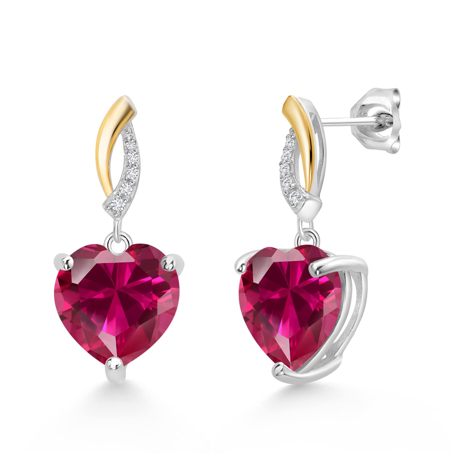 Gem Stone King 925 Sterling Silver & 10K Yellow Gold Heart-Shaped Red Created Ruby & White Lab-Grown Diamond Infinity Dangle Earrings for Women (8.07 CTTW, 10MM) - Perfect for Weddings, Anniversaries & Special Occasions