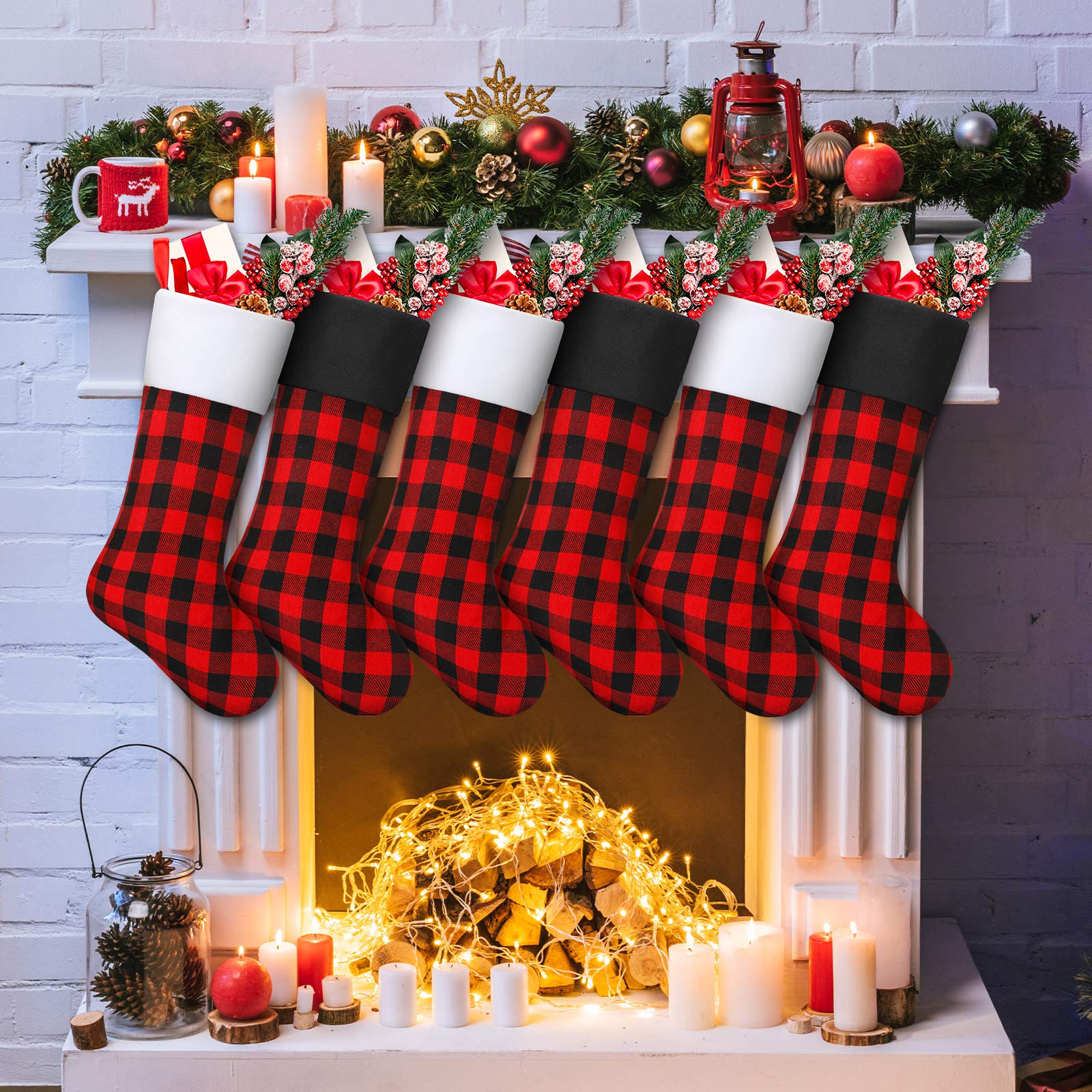 Skylety 20 Inch Christmas Stockings - Plaid Holiday Stockings with Faux Fur Cuff for Fireplace Decor - Family Xmas Party Decorations (Set of 6, Black Red with Black White Cuff) - Perfect for Christmas Tree, Mantel, and Festive Home Decor