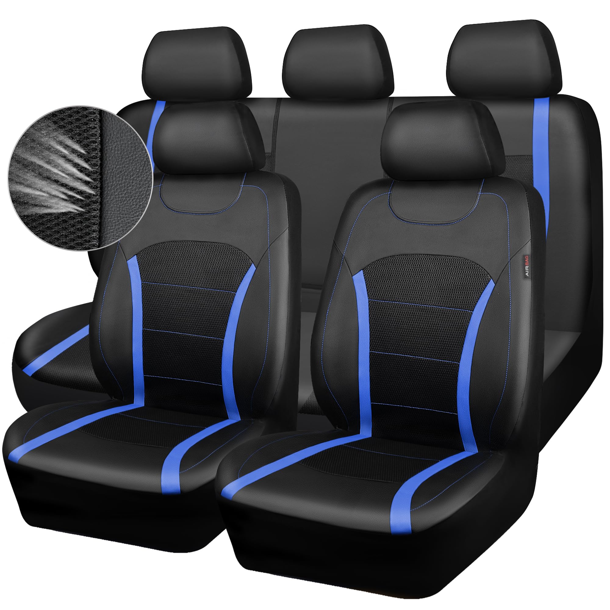 CAR-GRAND Breathable 3D Air Mesh Car Seat Covers Full Set - Universal Leather Seat Protectors with Airbag Compatibility for Cars, SUVs & Trucks (Black/Blue) | Sporty Style for Comfort & Protection During Commutes, Road Trips & Daily Driving