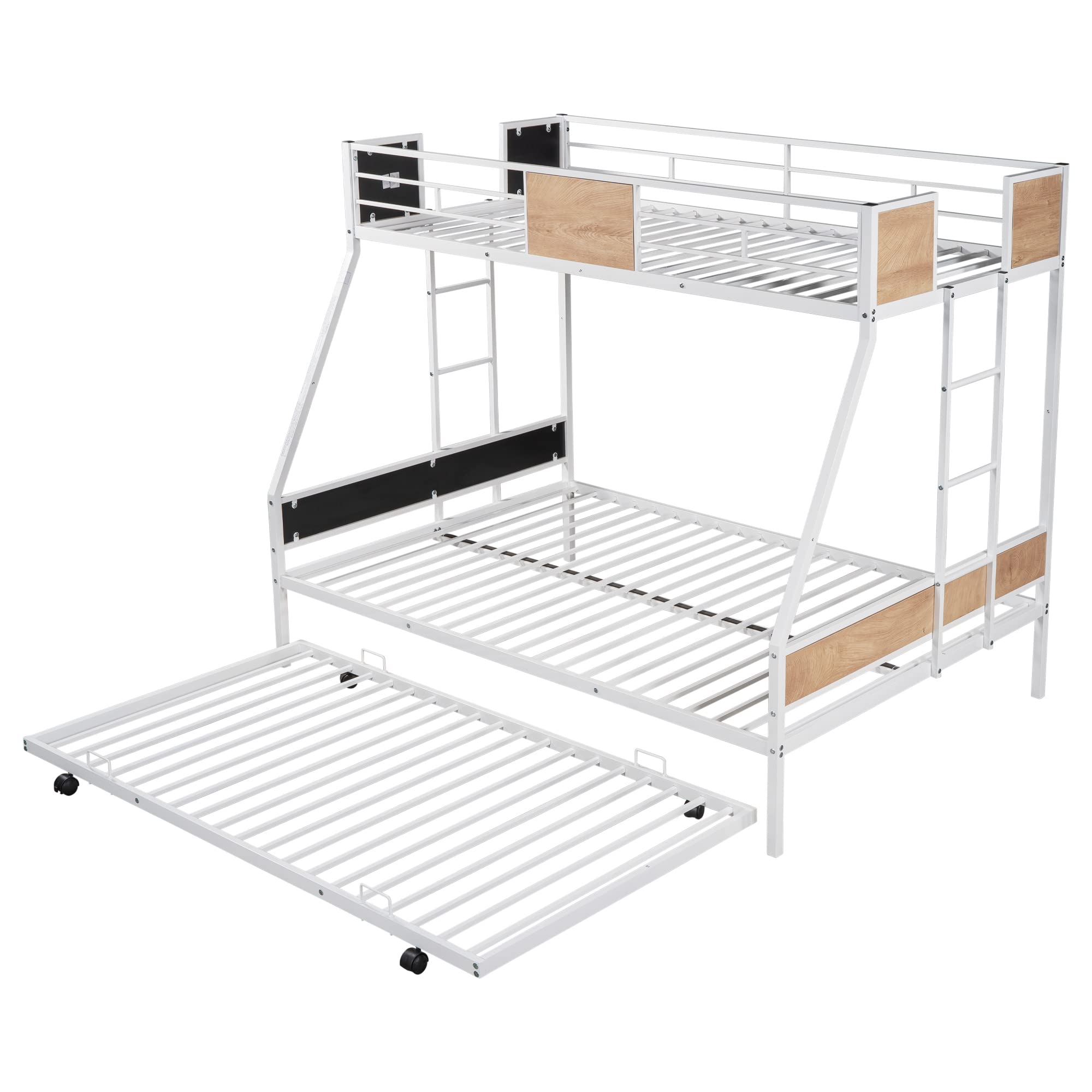 Merax Twin Over Full Bunk Bed with Trundle - Sturdy Steel Bunk Bed Frame with Safety Rail & Ladder - Space-Saving Solution for Kids Bedroom, Dorm Room, Boys & Girls (Light Brown) - Perfect for Small Spaces, Sleepovers & Multi-Child Rooms
