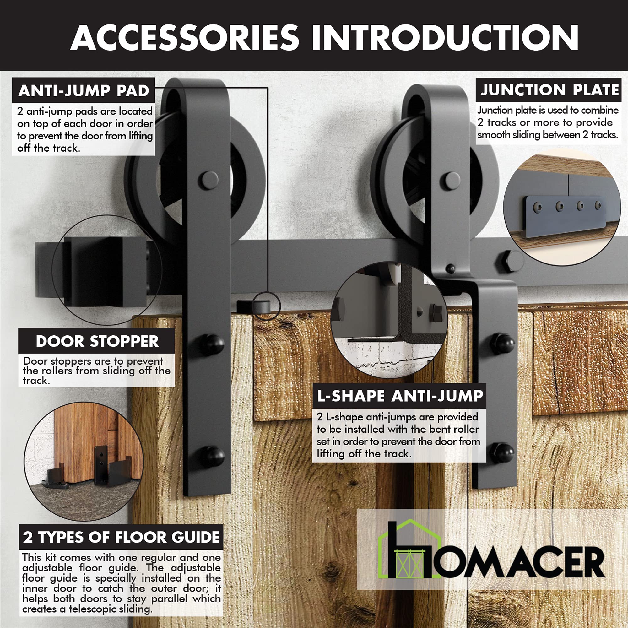Homacer Black Rustic Single Track Bypass Sliding Barn Door Hardware Kit - 5.5ft Flat Track with Spoke Wheel Rollers (2 Flat + 1 Bent) for 3 Doors - Perfect for Farmhouse, Loft & Industrial Style Homes