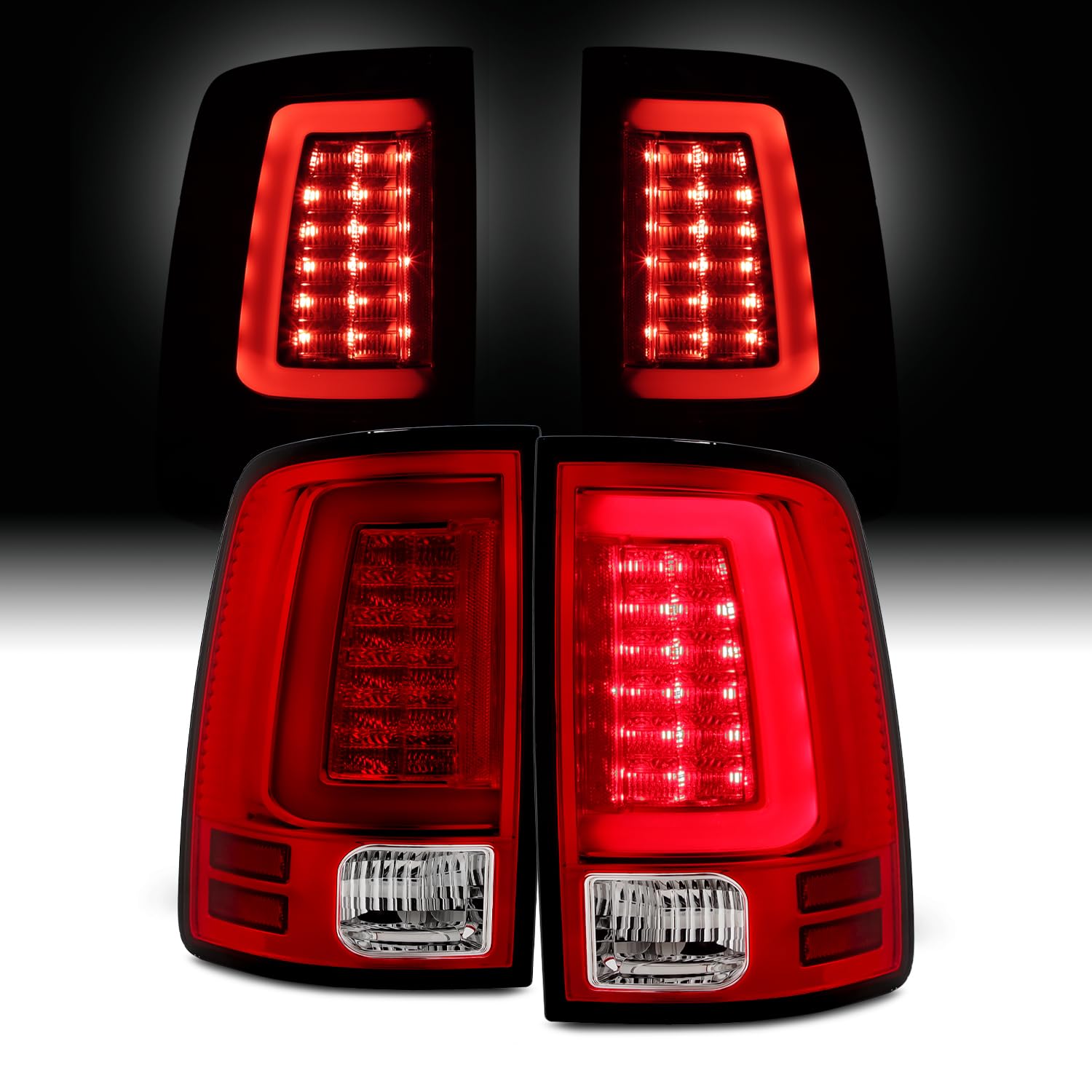 AKKON C-Shape LED Light Bar Compatible with 2013-2018 Dodge Ram 1500/2500/3500 (DS/DJ/D2) - Red & Clear Tail Lights & Rear Brake Lamps Pair (Left+Right) - Upgrade for Enhanced Visibility & Style