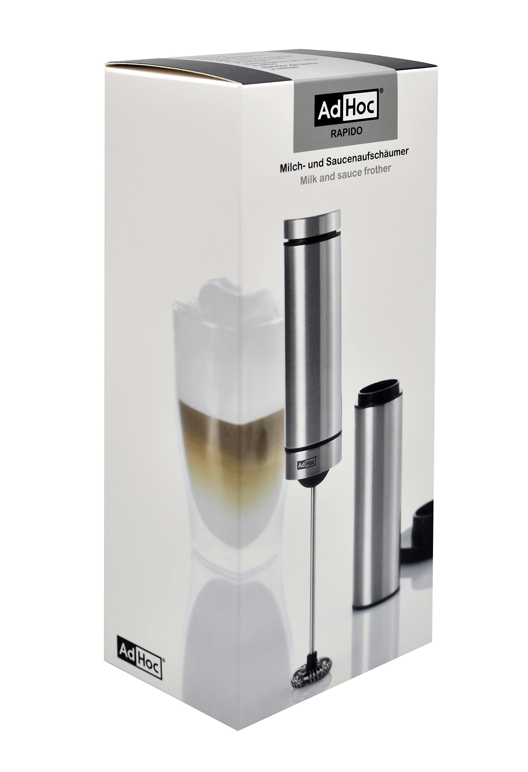 AdHoc Rapido Automatic Milk Frother & Sauce Whisk - Stainless Steel & Black - Perfect for Lattes, Cappuccinos, Hot Chocolate & Dessert Sauces