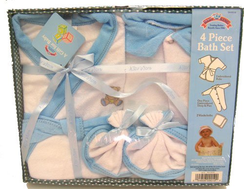 Baby Bath Gift Set - 4PCS Embroidered Robe & Sleepwear (Blue) for Newborns