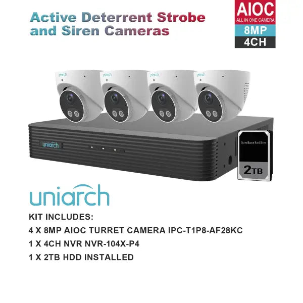 Uniarch K8044AIOC 8MP 4 Channel CCTV Security System with Active Deterrence - Home & Business Surveillance Kit for 24/7 Protection