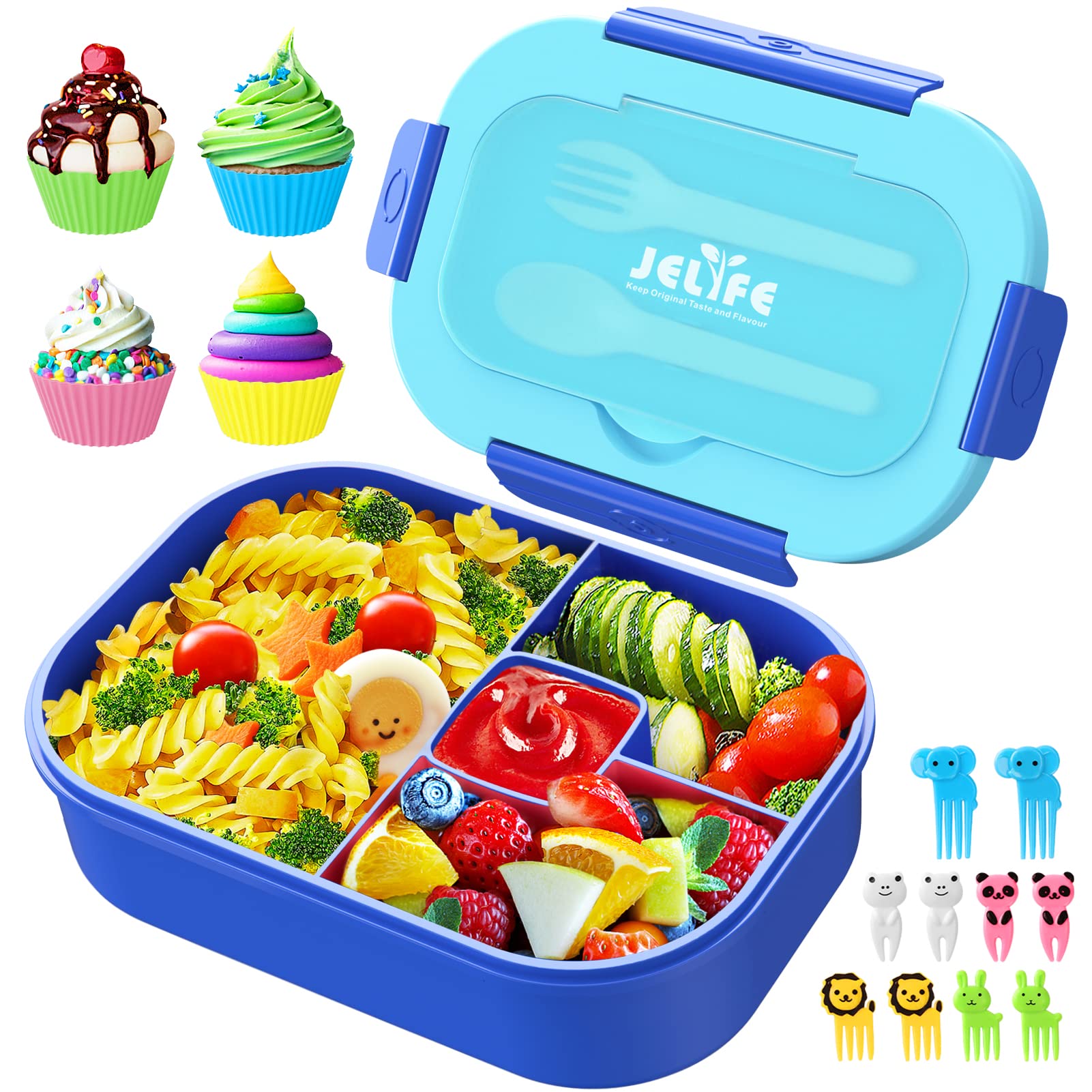 Jelife 1300ML Leak Proof Kids Bento Lunch Box - Insulated School Lunch Container for Boys & Girls with Utensils, Food Forks & Cake Cups (Blue) - Perfect for School, Picnics, Travel & Daily Meals
