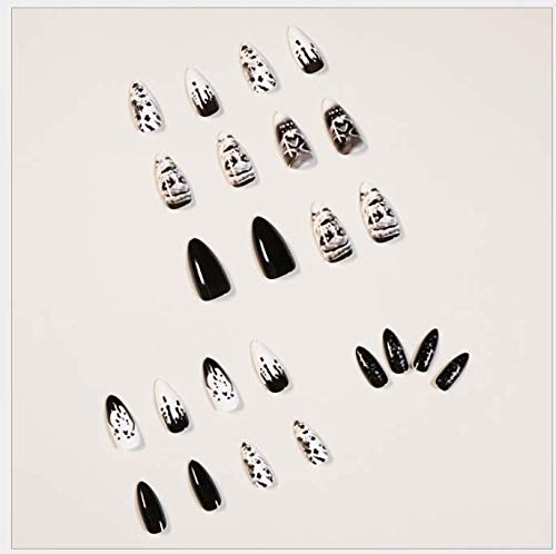Gangel Skull Glossy Press-On Nails - Black & White Acrylic Fake Nails with Sharp Design, Full Cover Long False Nails for Women & Girls (24Pcs) - Perfect for Halloween Parties, Cosplay & Gothic Fashion