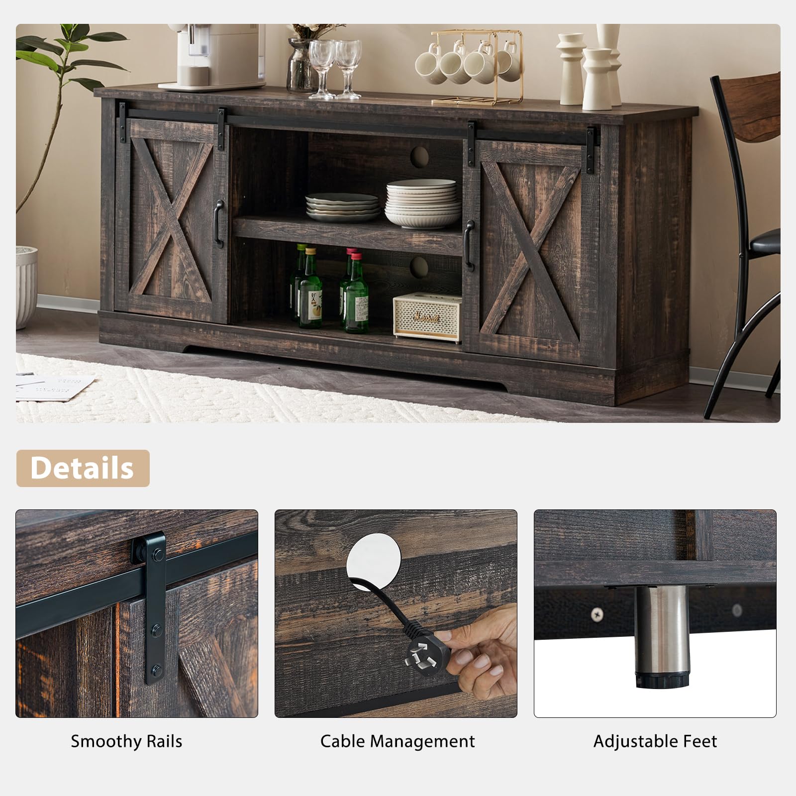 AMERLIFE 4-Piece Farmhouse Table Set - Sliding Barn Door TV Stand, Coffee Table & 2 End Tables with Charging Station & USB Ports - Dark Oak 66