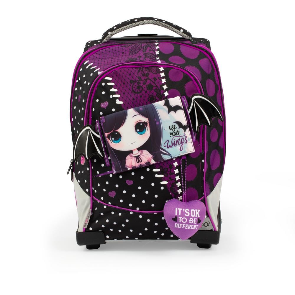 GO POP Rolling Backpack for Girls - Dark Academia Theme with 3 Interchangeable Front Graphics & Pop-Up Design, 2 Zippered Compartments, Padded Shoulder Straps - Elementary & Middle School Backpack for Daily Use, School Trips & Travel