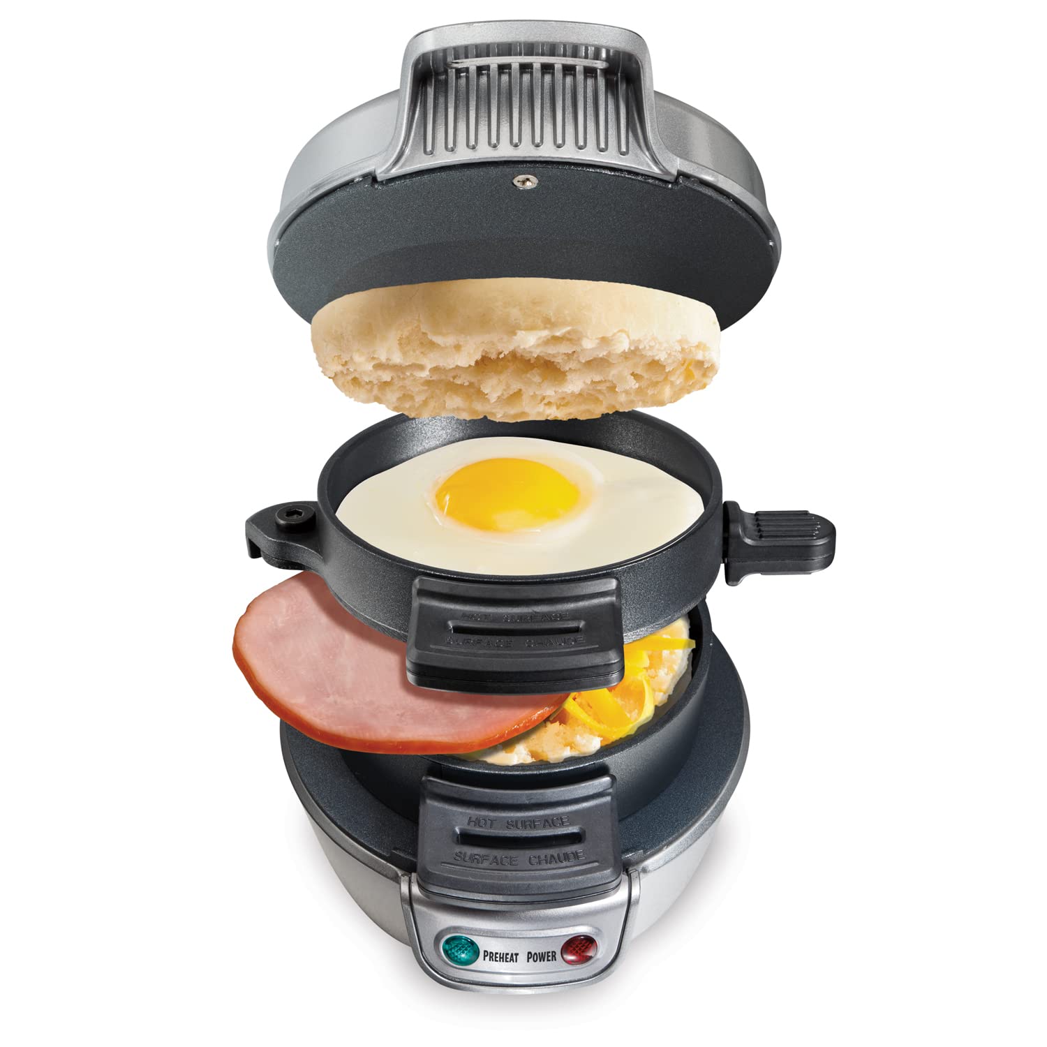 Hamilton Beach Breakfast Sandwich Maker with Egg Cooker Ring - Customizable Ingredients for English Muffins, Croissants & Waffles - Silver Gray (25475) - Perfect for Quick Breakfasts, Office Lunches & Family Meal Prep