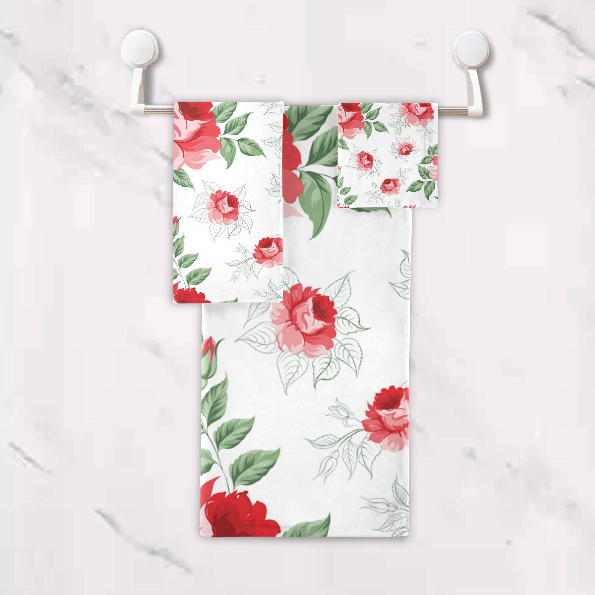 Susiyo 3-Piece Bath Towel Set - Ultra Soft & Highly Absorbent Bathroom Towels with Elegant Red Rose Floral Design - Includes 1 Bath Towel, 1 Hand Towel & 1 Washcloth - Perfect for Spa, Guest Bathroom & Luxury Home Decor