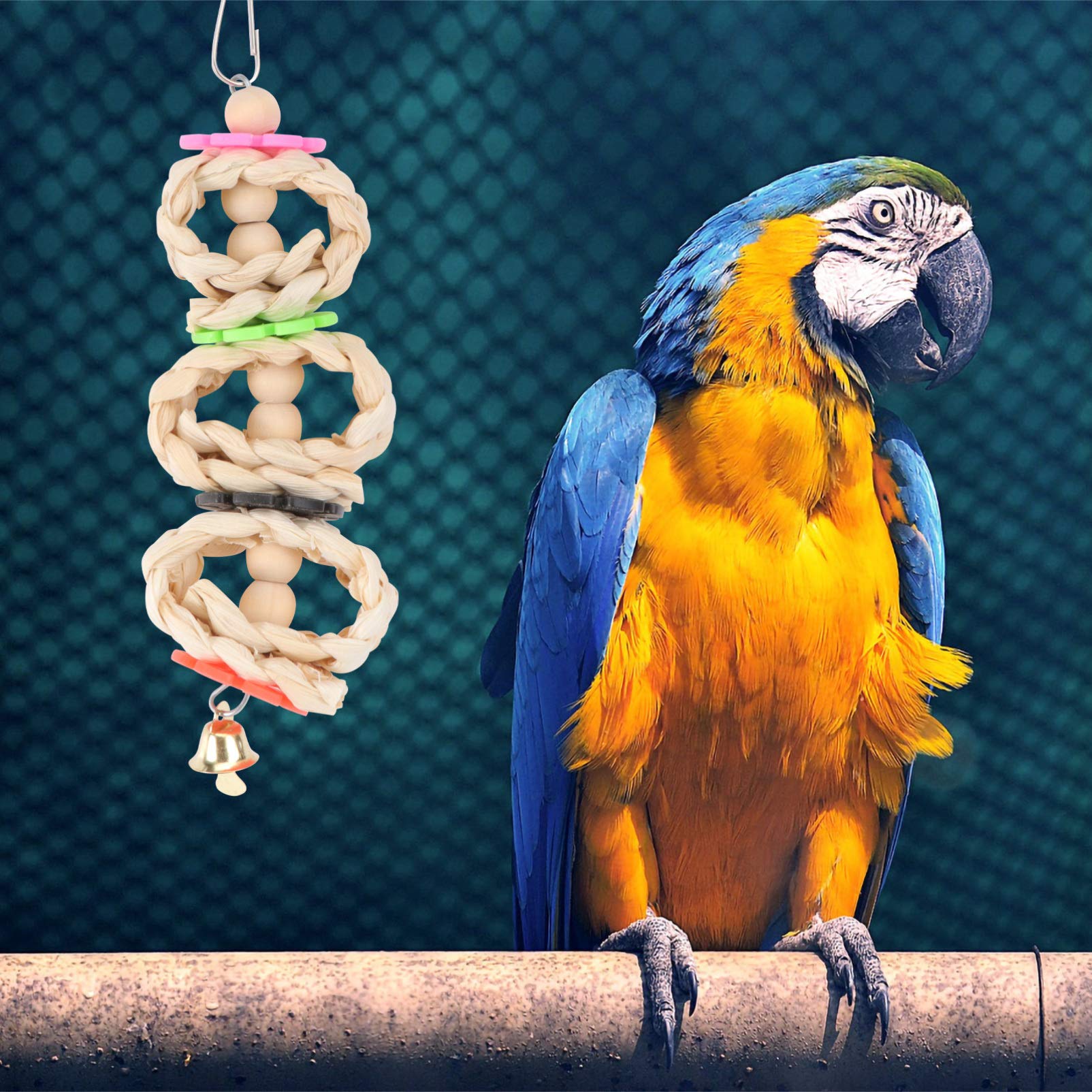 Balacoo Parrot Chewing Toy Set - Hanging Bird Bridge, Swing, Bell, and Wooden Takraw Chew Toys for Parrots, Chickens, and Pet Birds - Perfect for Cage Enrichment and Playtime
