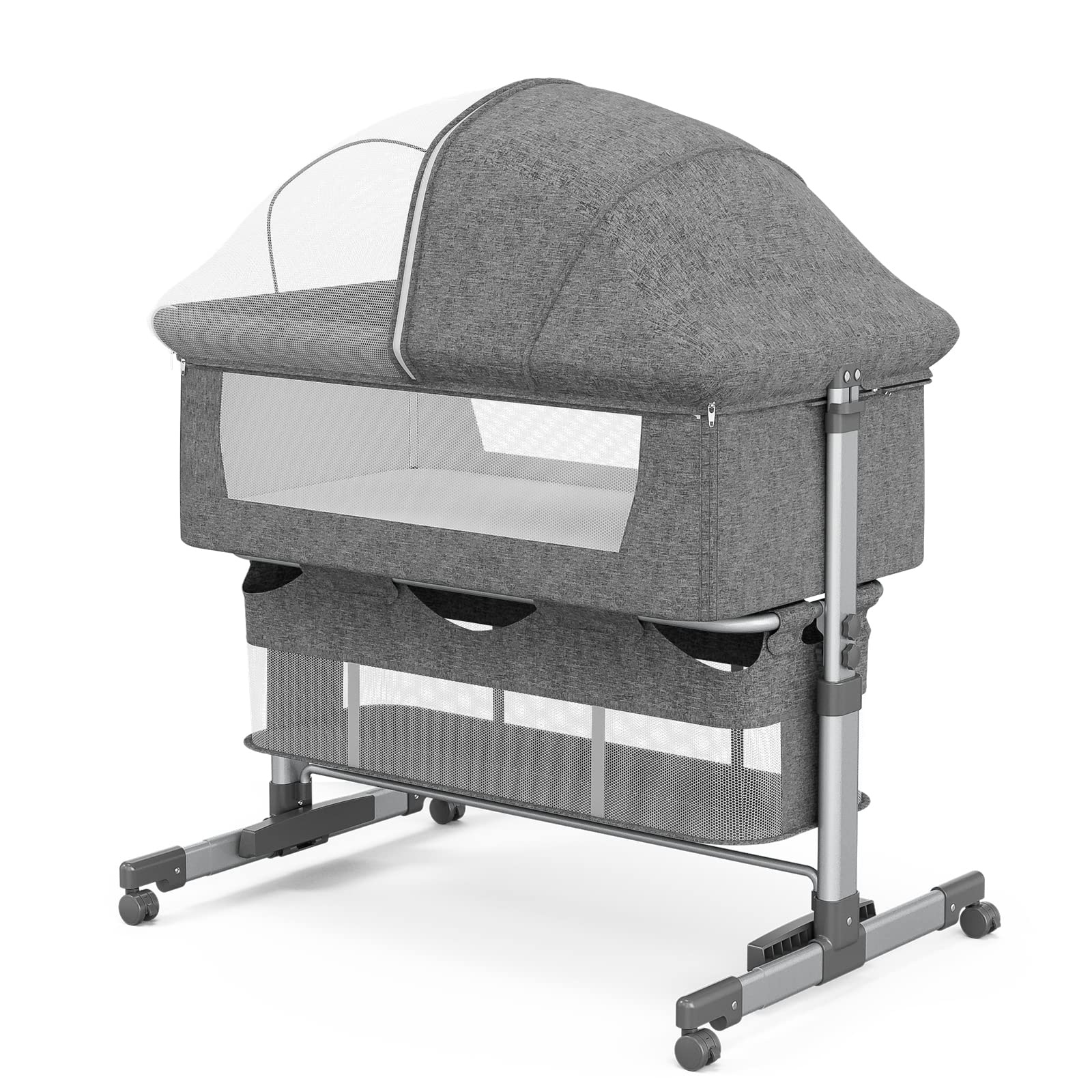 UMOMO Baby Bassinet & Bedside Sleeper with Cradle Mode - 6 Height Adjustable, Foldable Infant Bed with Mosquito Net & Comfort Mattress (Gray) - Perfect for Newborns, Safe Co-Sleeping & Nursery Room Essentials