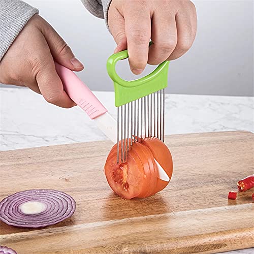 Stainless Steel Onion Holder & Vegetable Slicer - Safe Potato Tomato Fruit Cutter for Kitchen - Green Cooking Gadget for Salad Prep & Meal Prepping
