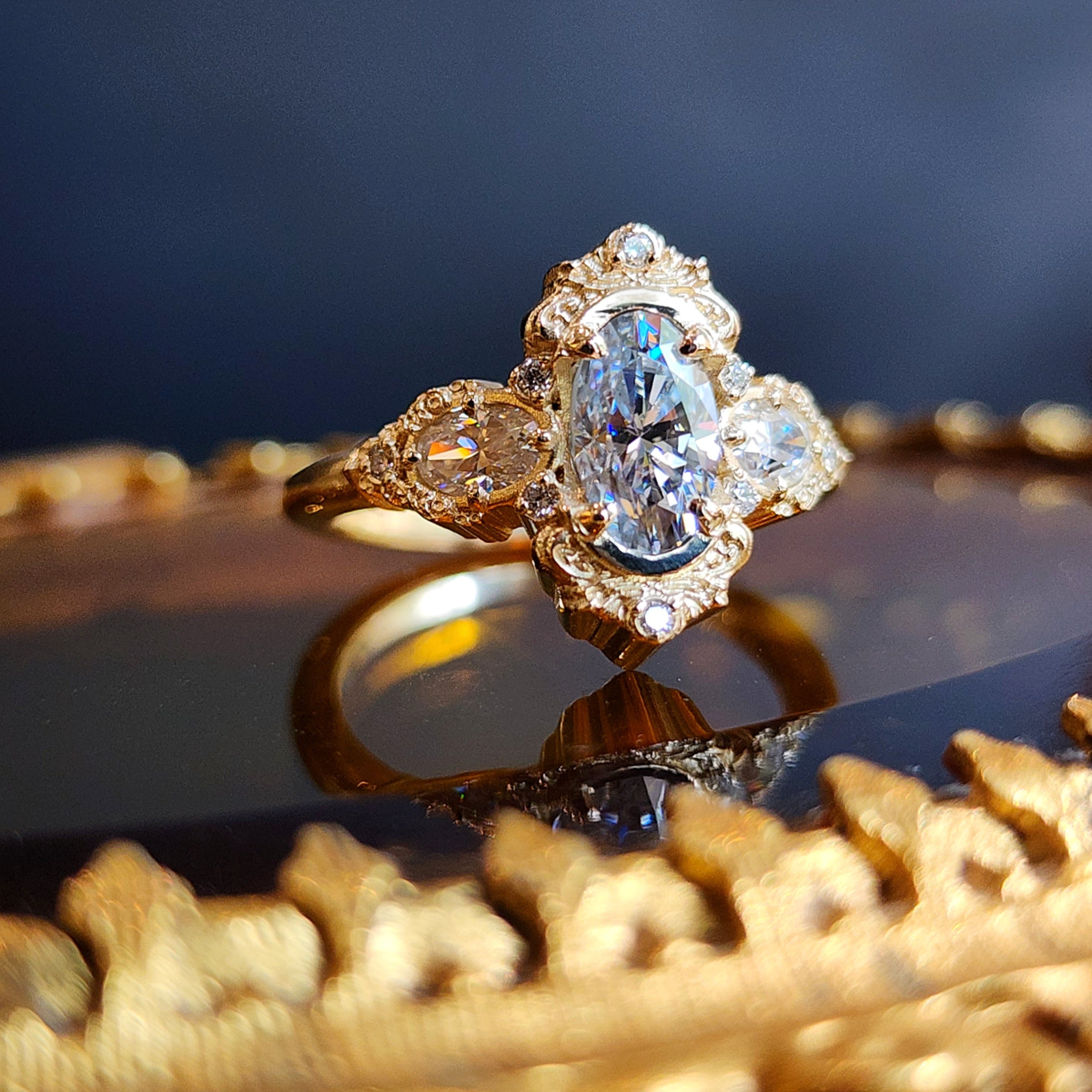 Handcrafted 14K Gold Josephine Oval Engagement Ring with Oval Side Stones & Gold Scrolls – Elegant Fantasy Jewelry for Weddings, Proposals & Special Occasions