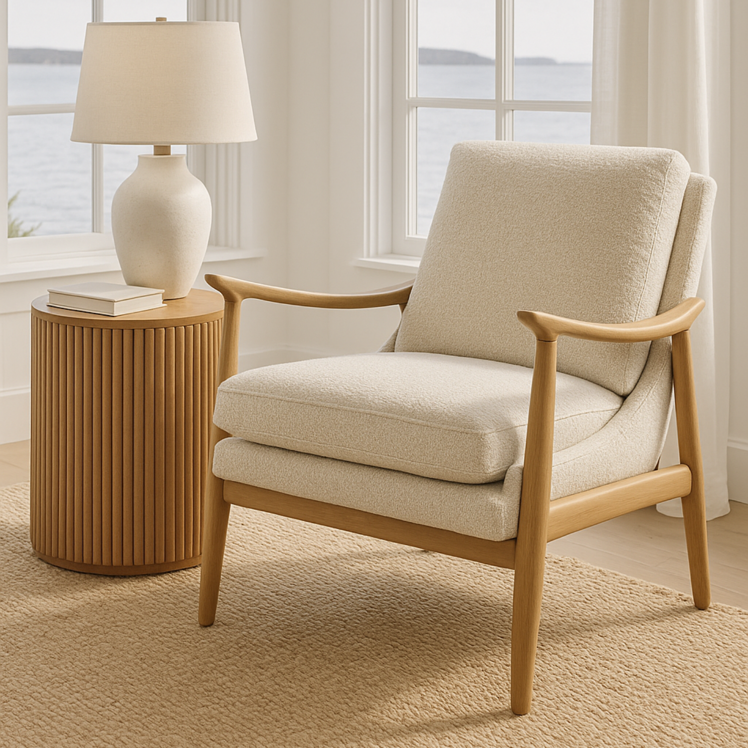 Nassau Lounge Chair - Pearl Boucle Upholstered Modern Accent Chair for Living Room, Bedroom, or Office - Comfortable Mid-Century Style Seating for Relaxing & Reading