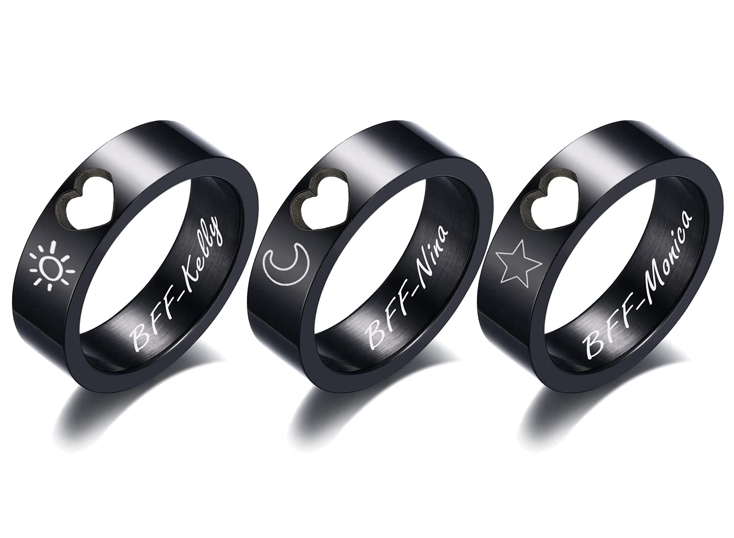 Best Friend Rings Set of 3 - Moon, Sun & Star Stainless Steel Stackable Knuckle Rings for Sisters - Personalized Heart Cutout Bridesmaid Gifts - Perfect for Anniversaries, Birthdays & Friendship Day Celebrations